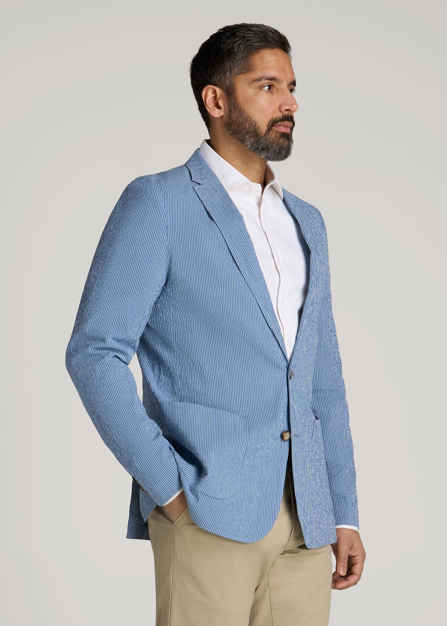 American Tall Discount | Stretch Seersucker Blazer for Tall Men in Tonal Blue Stripe