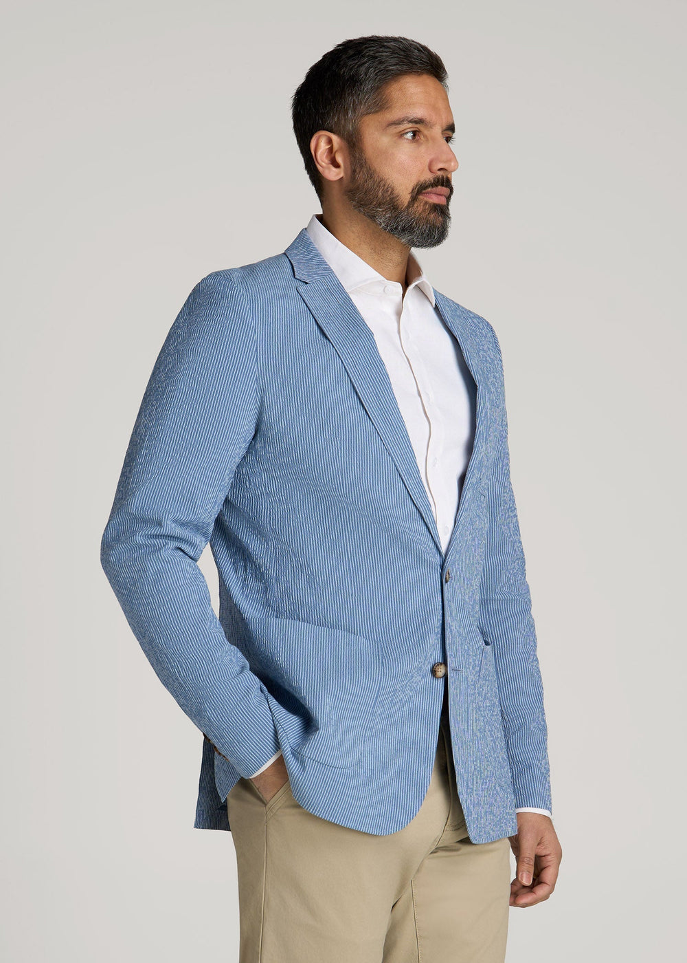 American Tall Discount | Stretch Seersucker Blazer for Tall Men in Tonal Blue Stripe
