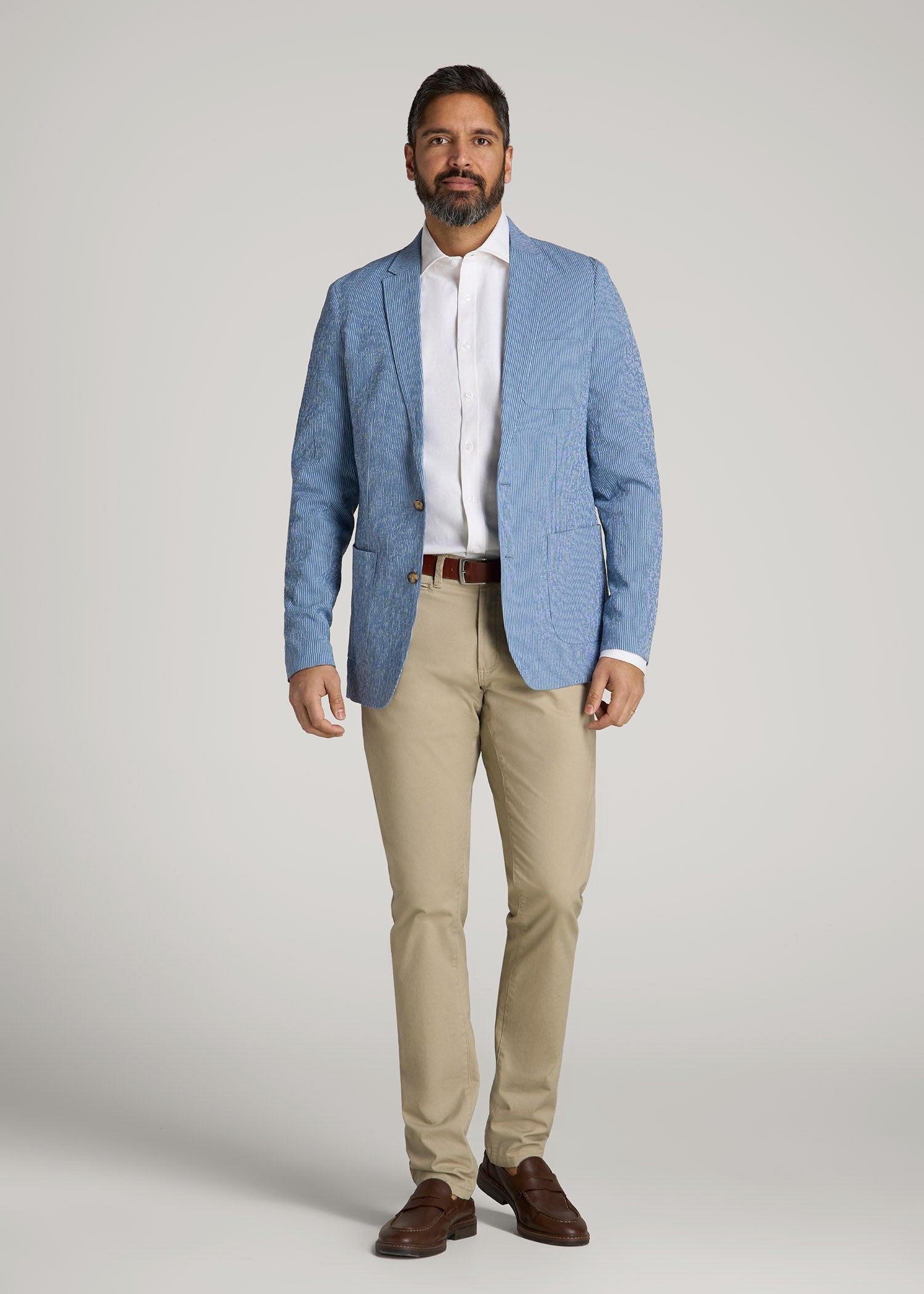 American Tall Discount | Stretch Seersucker Blazer for Tall Men in Tonal Blue Stripe