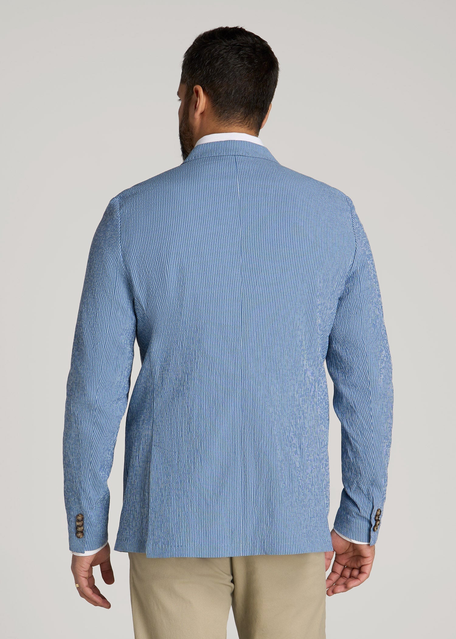 American Tall Discount | Stretch Seersucker Blazer for Tall Men in Tonal Blue Stripe