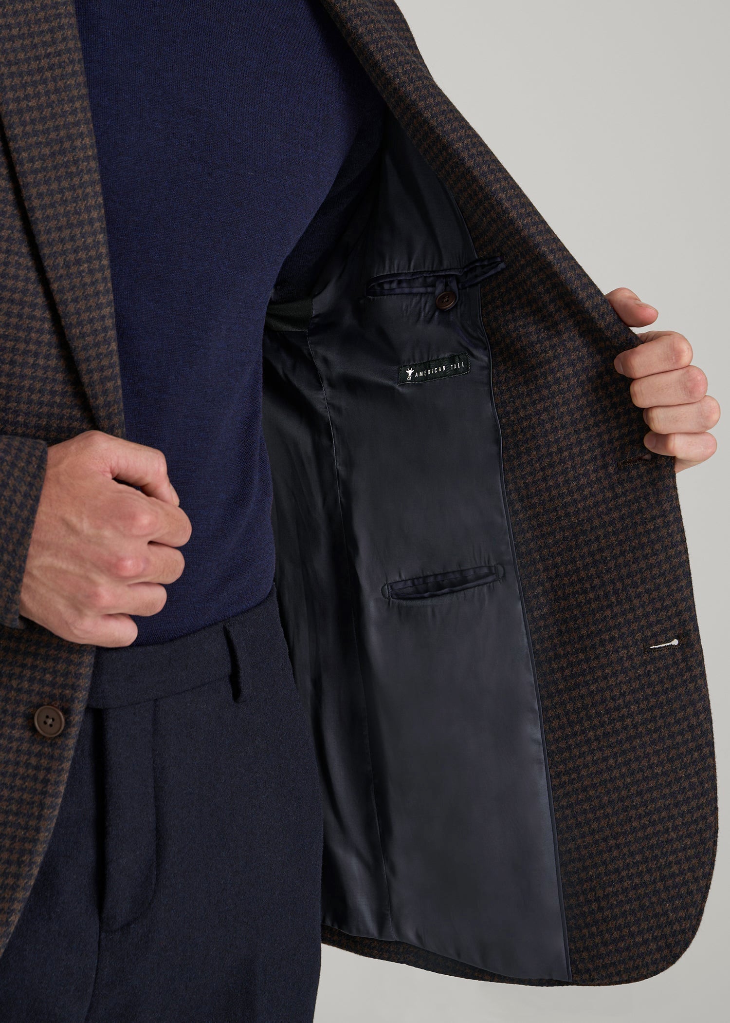 American Tall Outlet | Wool Blend Blazer for Tall Men in Indigo and Brown Houndstooth
