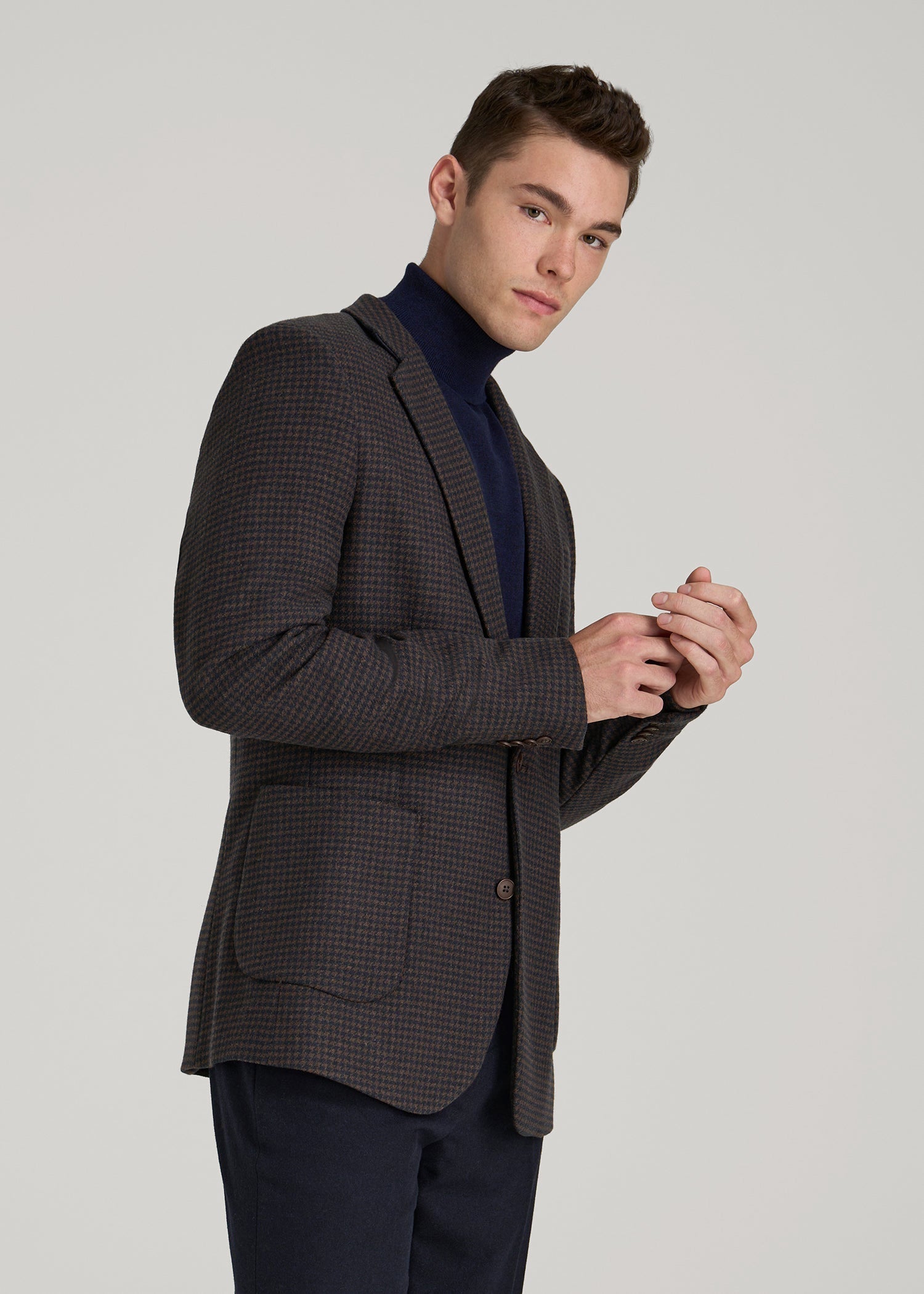 American Tall Outlet | Wool Blend Blazer for Tall Men in Indigo and Brown Houndstooth