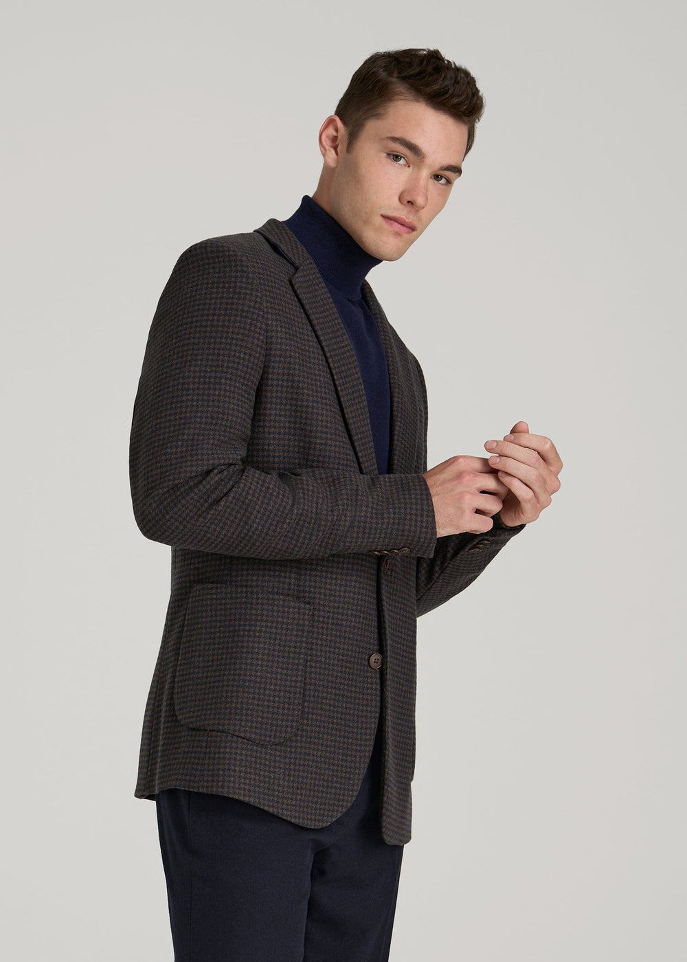 American Tall Outlet | Wool Blend Blazer for Tall Men in Indigo and Brown Houndstooth