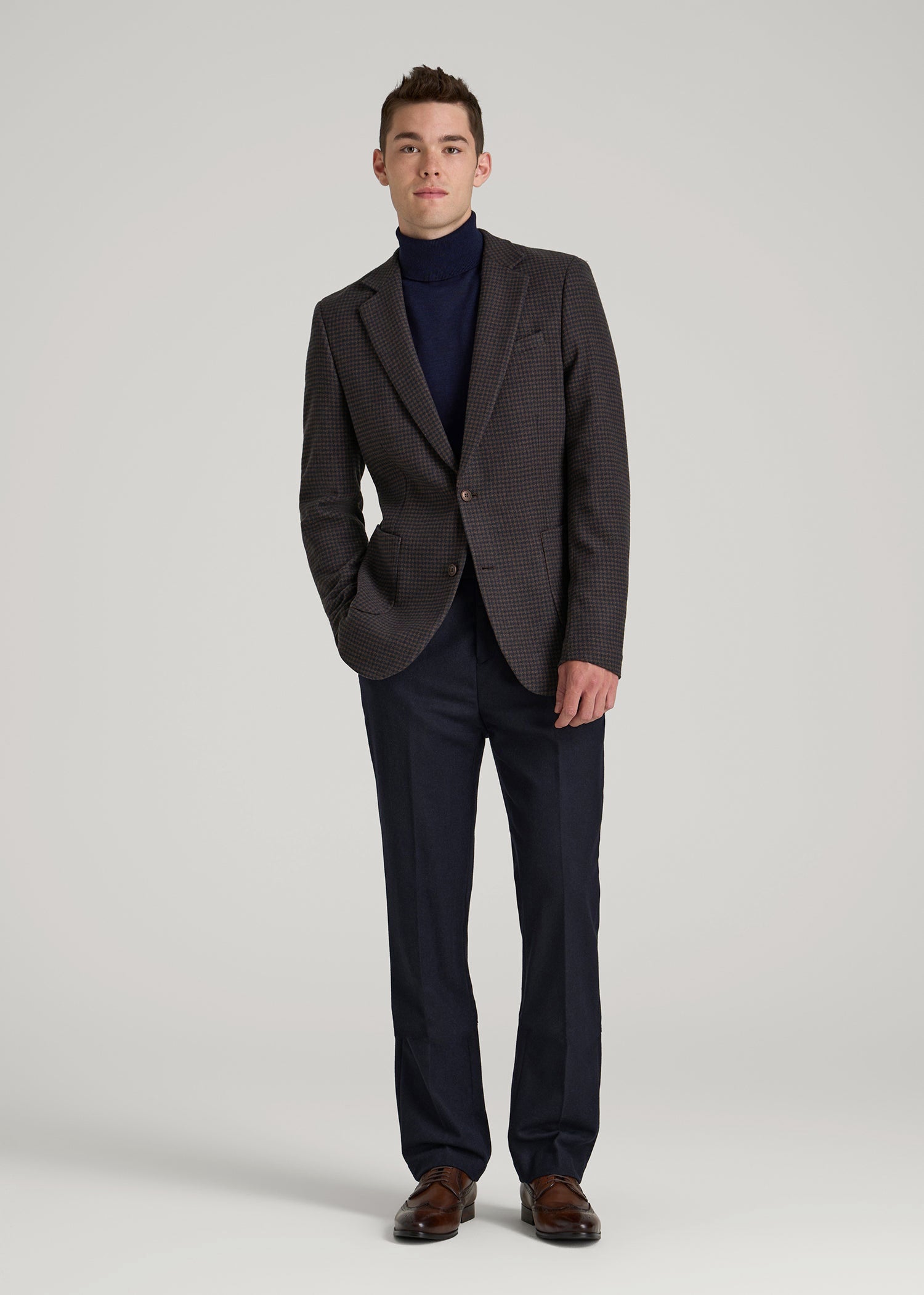 American Tall Outlet | Wool Blend Blazer for Tall Men in Indigo and Brown Houndstooth