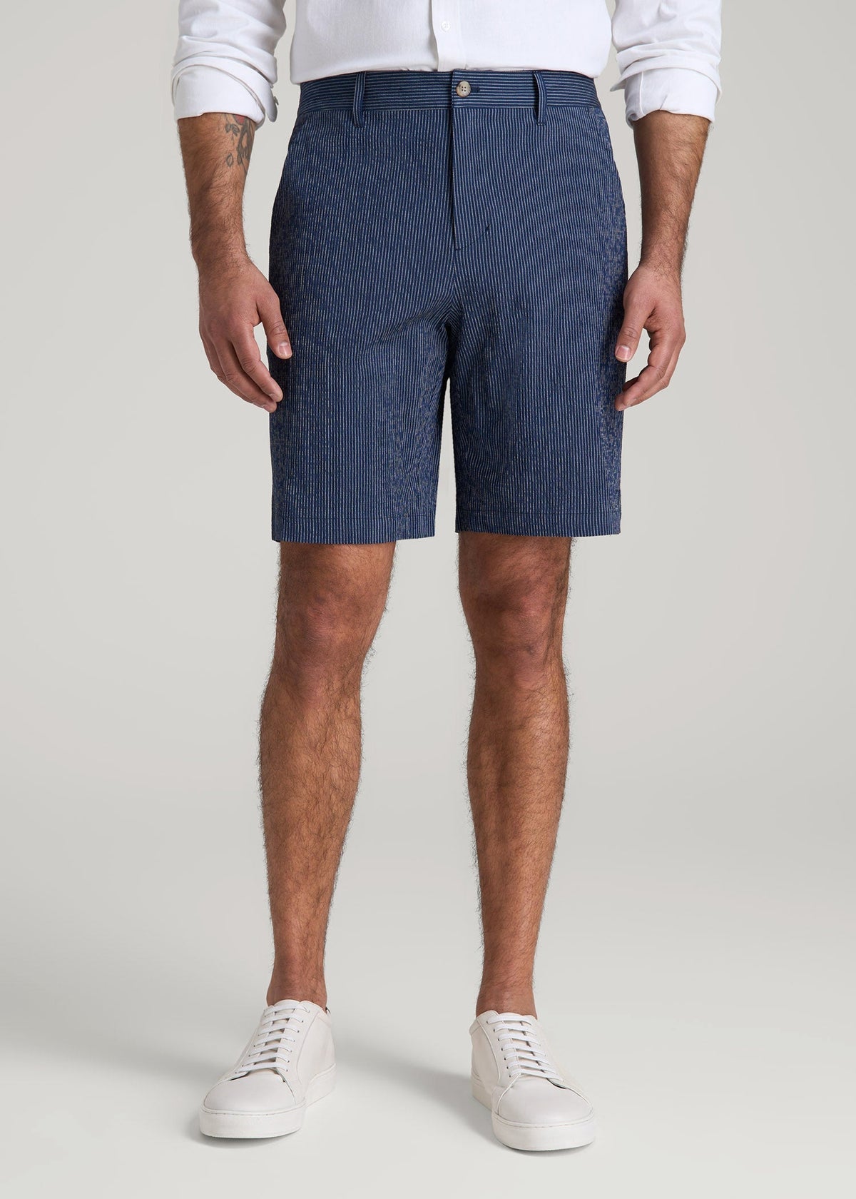 American Tall Outlet | Seersucker Shorts for Tall Men in Navy and Off White Stripe