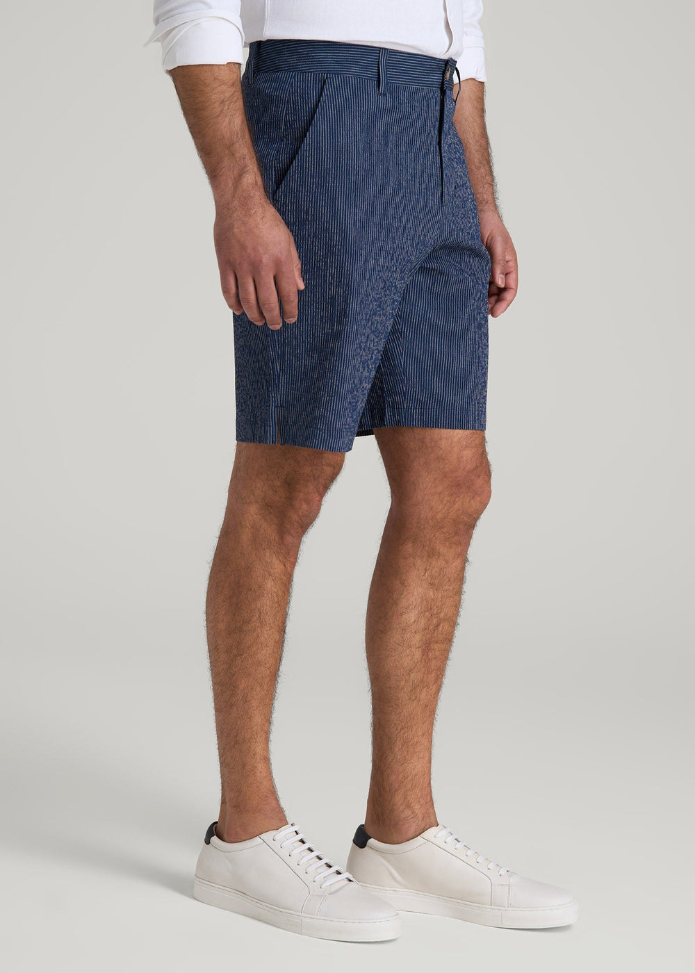 American Tall Outlet | Seersucker Shorts for Tall Men in Navy and Off White Stripe