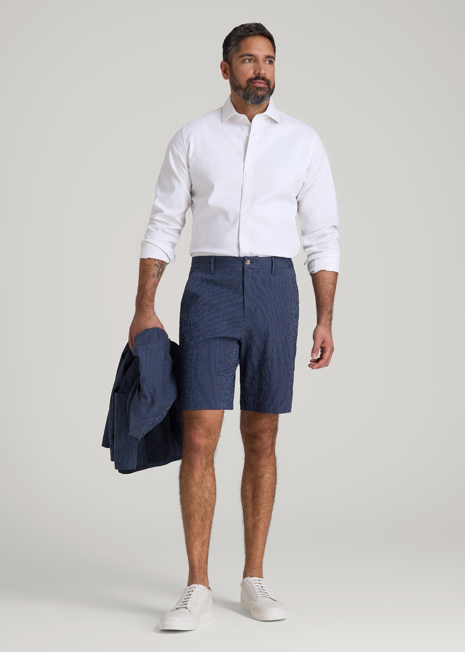 American Tall Outlet | Seersucker Shorts for Tall Men in Navy and Off White Stripe