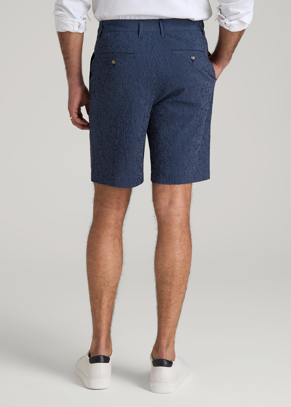 American Tall Outlet | Seersucker Shorts for Tall Men in Navy and Off White Stripe