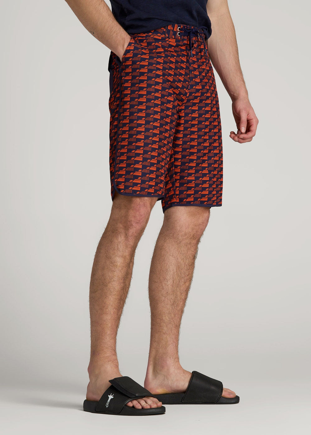 American Tall Discount | Hi-Tide Scallop Board Shorts for Tall Men in Bright Orange Geometric