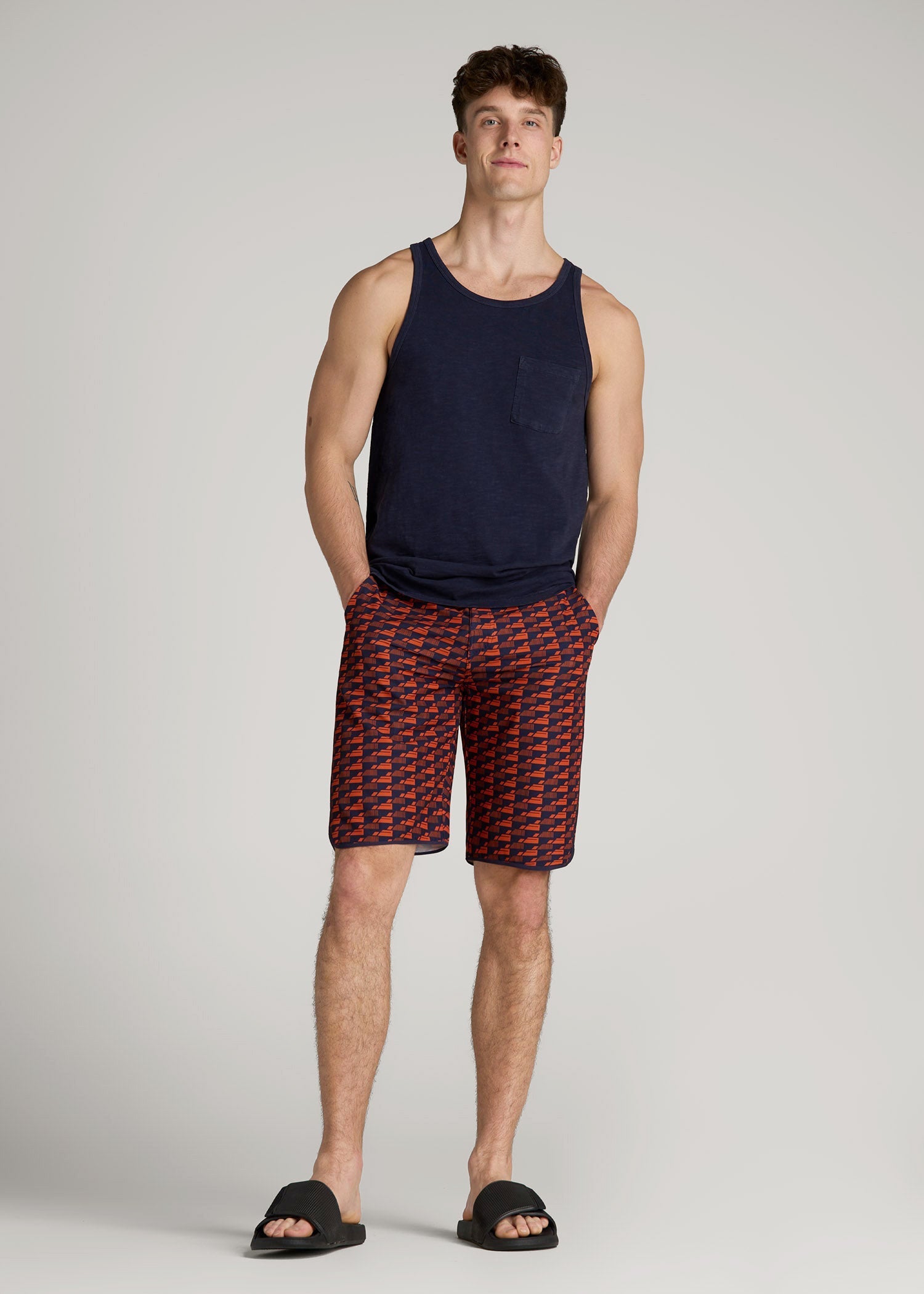 American Tall Discount | Hi-Tide Scallop Board Shorts for Tall Men in Bright Orange Geometric
