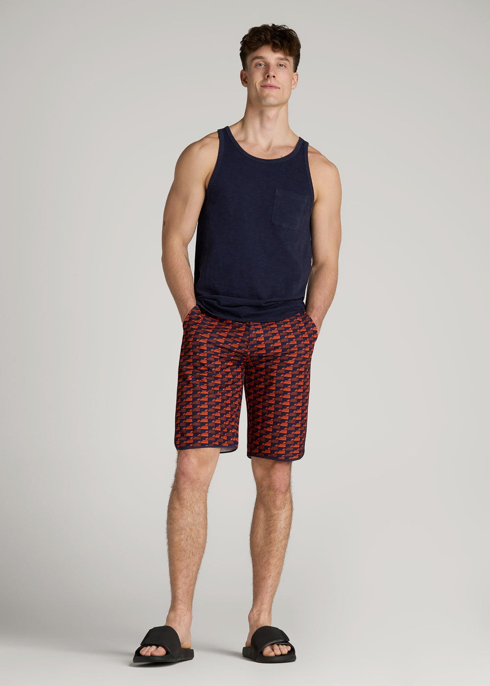American Tall Discount | Hi-Tide Scallop Board Shorts for Tall Men in Bright Orange Geometric