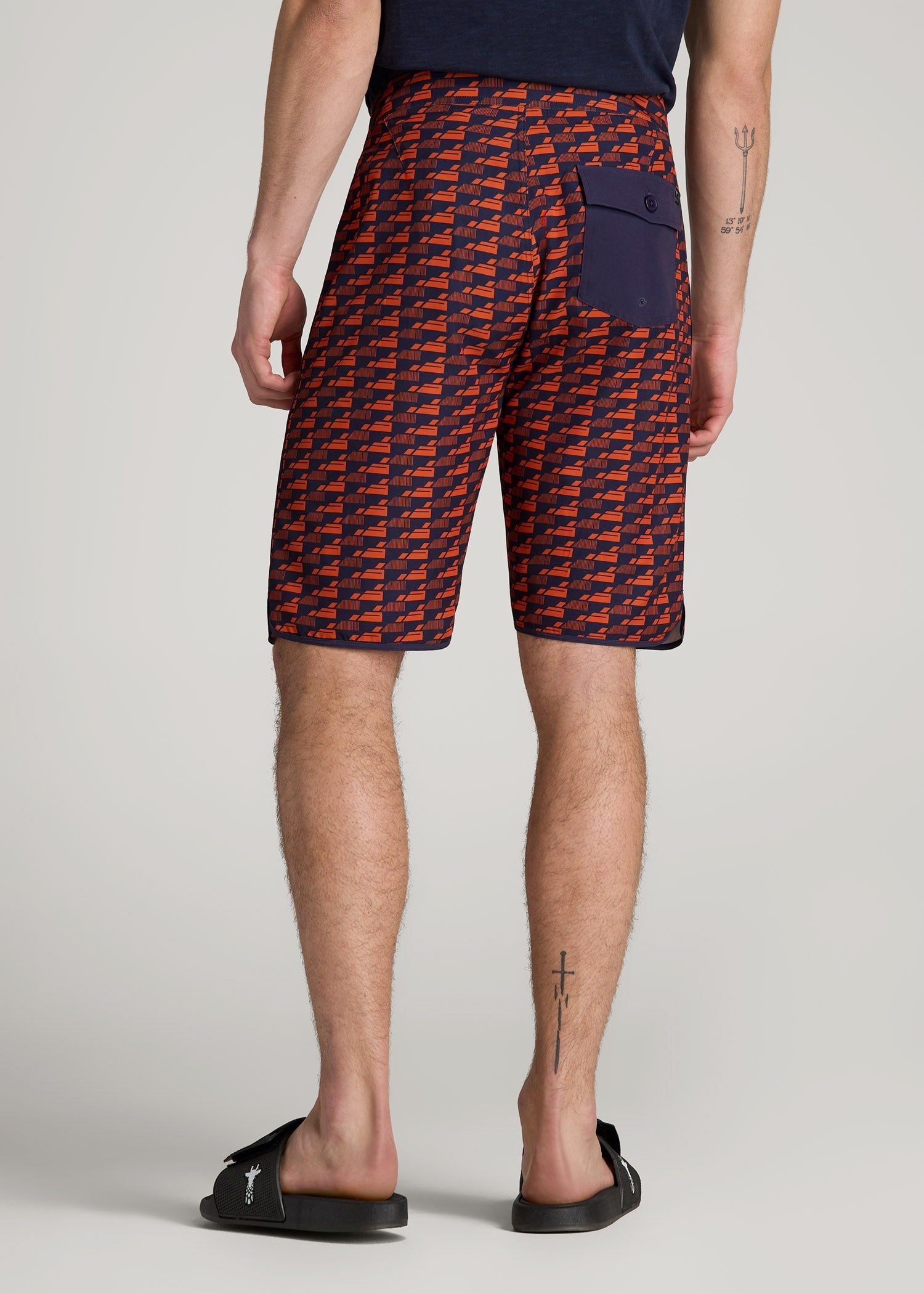 American Tall Discount | Hi-Tide Scallop Board Shorts for Tall Men in Bright Orange Geometric