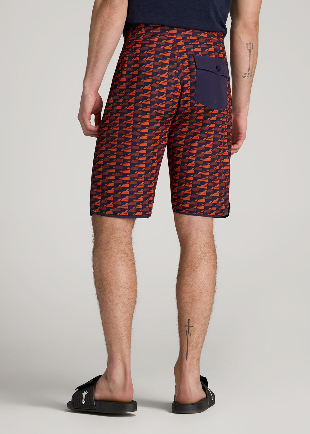 American Tall Discount | Hi-Tide Scallop Board Shorts for Tall Men in Bright Orange Geometric