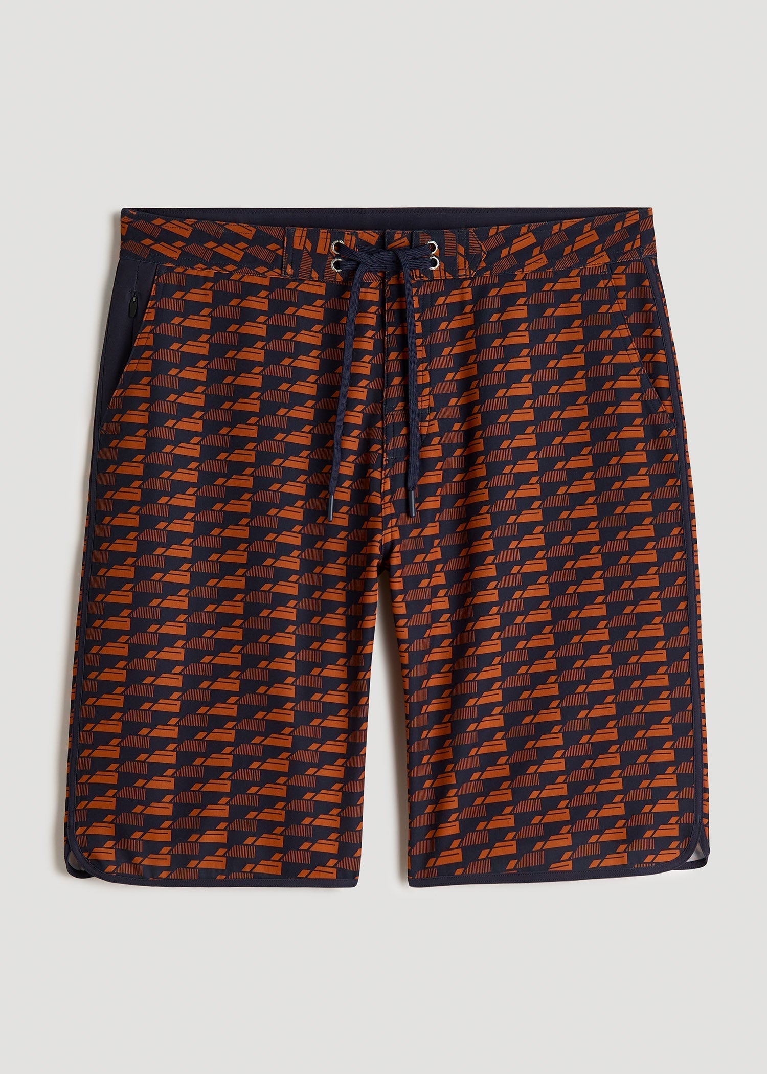 American Tall Discount | Hi-Tide Scallop Board Shorts for Tall Men in Bright Orange Geometric