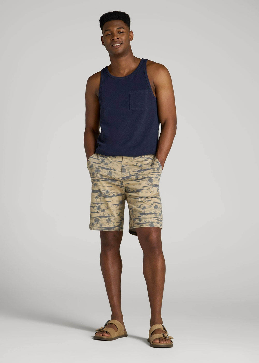 American Tall Sale | Printed Stretch Cotton Shorts for Tall Men in Grey Oceanic Print