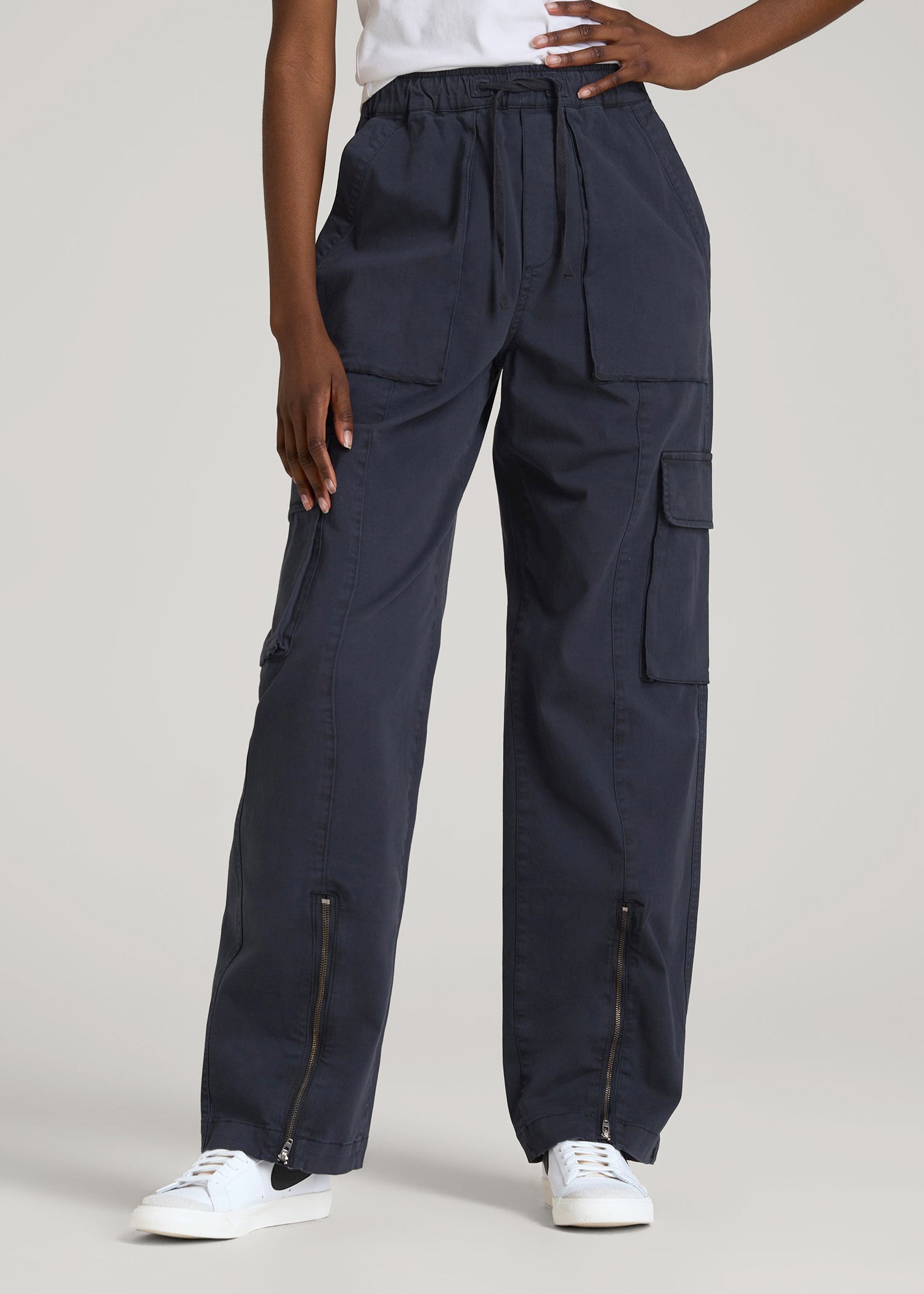 American Tall Online Shop | High Rise Garment Dyed Baggy Cargo Pants for Tall Women in Deep Navy