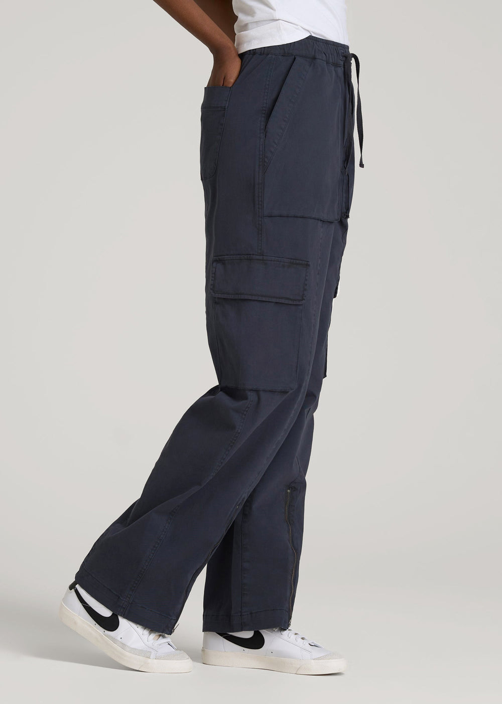 American Tall Online Shop | High Rise Garment Dyed Baggy Cargo Pants for Tall Women in Deep Navy