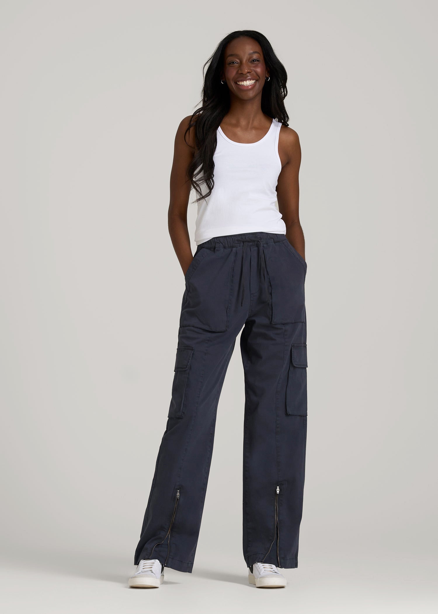 American Tall Online Shop | High Rise Garment Dyed Baggy Cargo Pants for Tall Women in Deep Navy