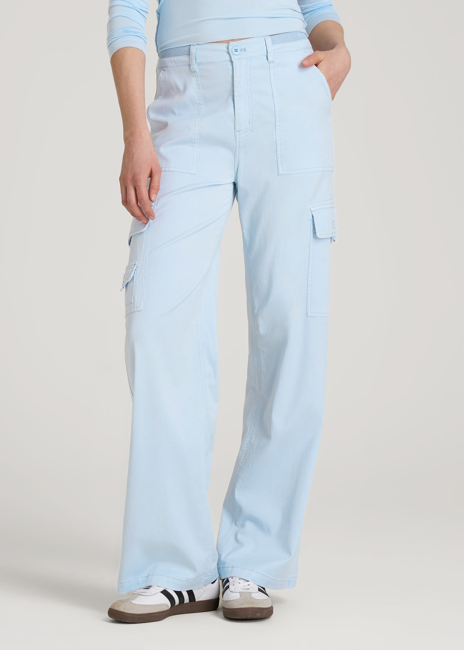 American Tall Discount | Garment Dyed Wide Leg Cargo Pants for Tall Women in Ice Blue