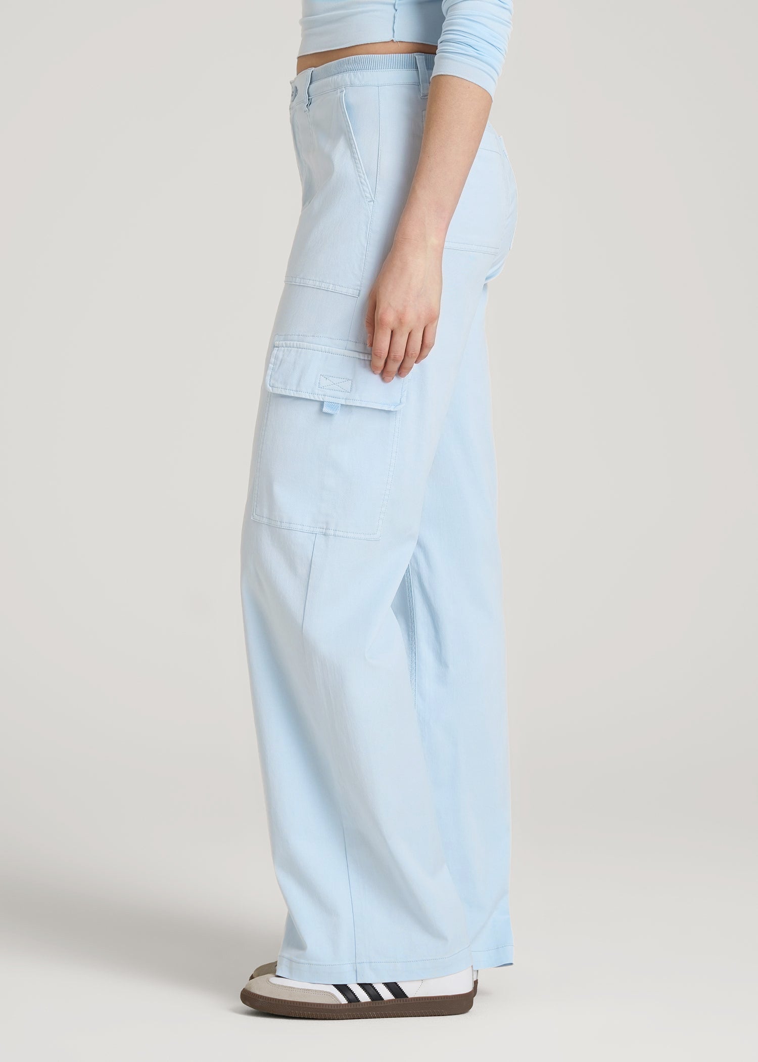American Tall Discount | Garment Dyed Wide Leg Cargo Pants for Tall Women in Ice Blue