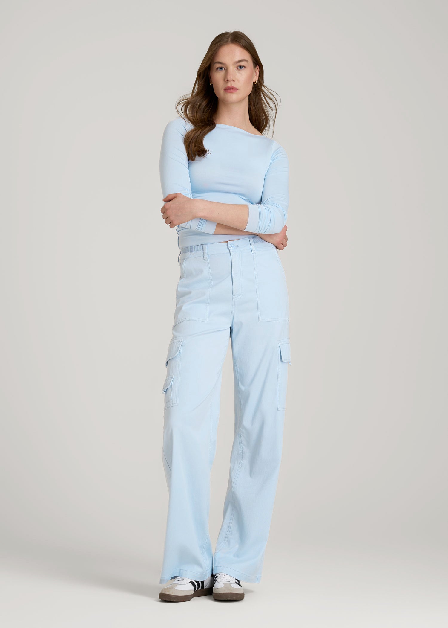 American Tall Discount | Garment Dyed Wide Leg Cargo Pants for Tall Women in Ice Blue