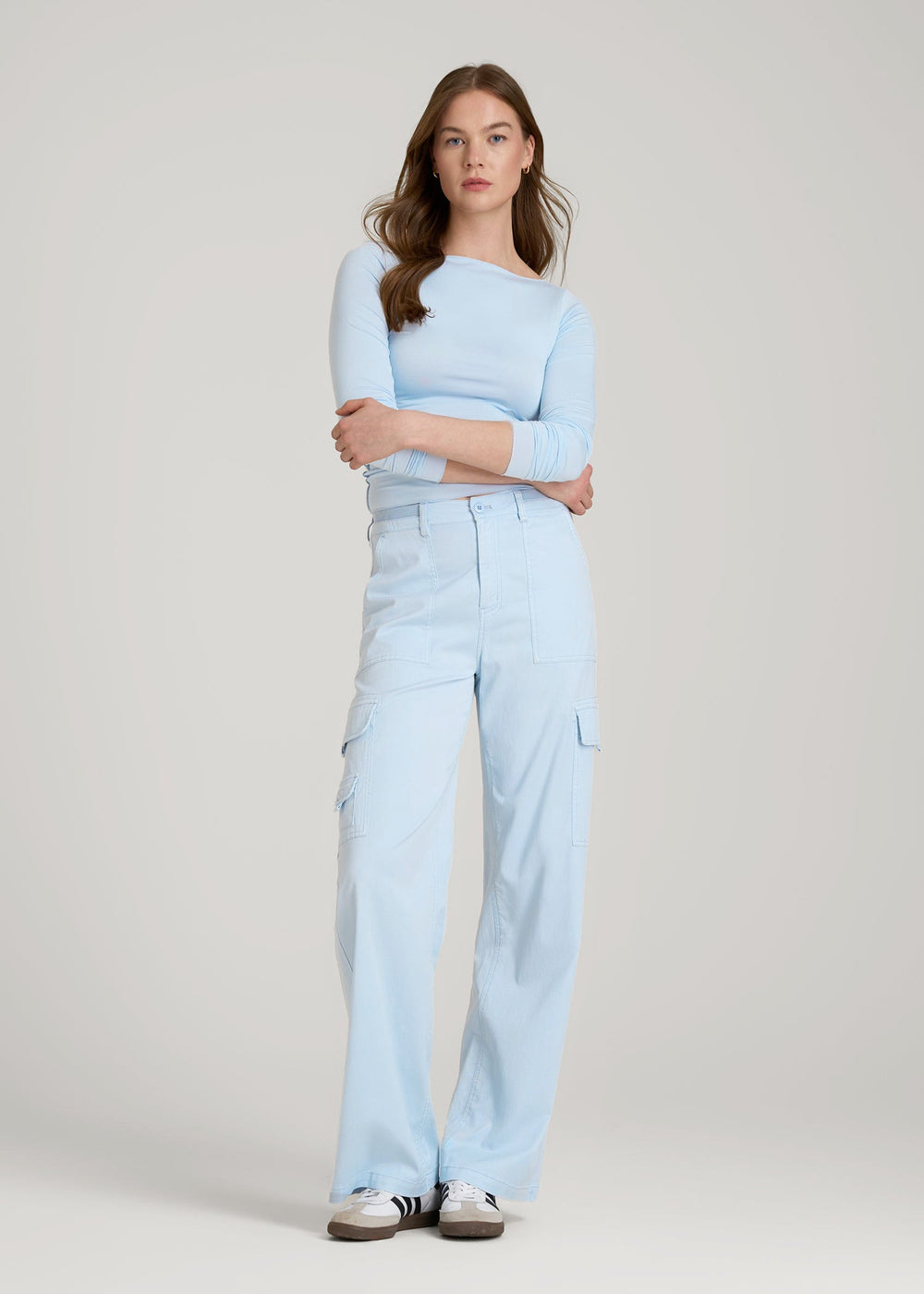 American Tall Discount | Garment Dyed Wide Leg Cargo Pants for Tall Women in Ice Blue
