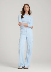 American Tall Discount | Garment Dyed Wide Leg Cargo Pants for Tall Women in Ice Blue