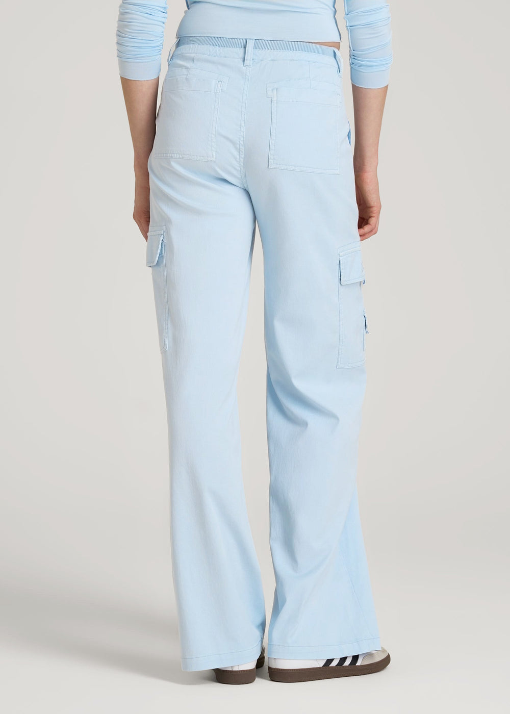 American Tall Discount | Garment Dyed Wide Leg Cargo Pants for Tall Women in Ice Blue
