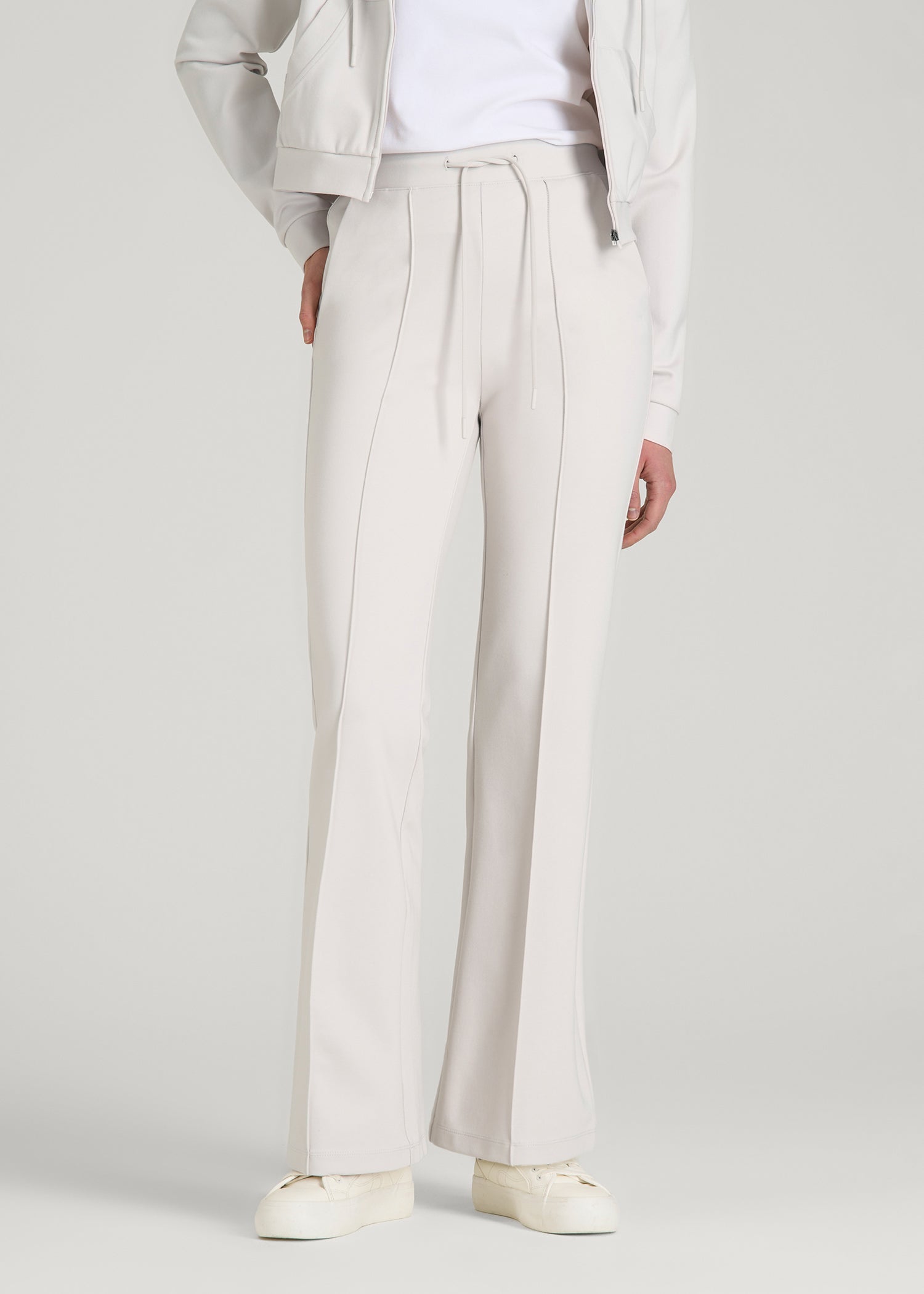 American Tall Sale | Soft Flex Ponte Flare Pants with Drawcord for Tall Women in White Sand