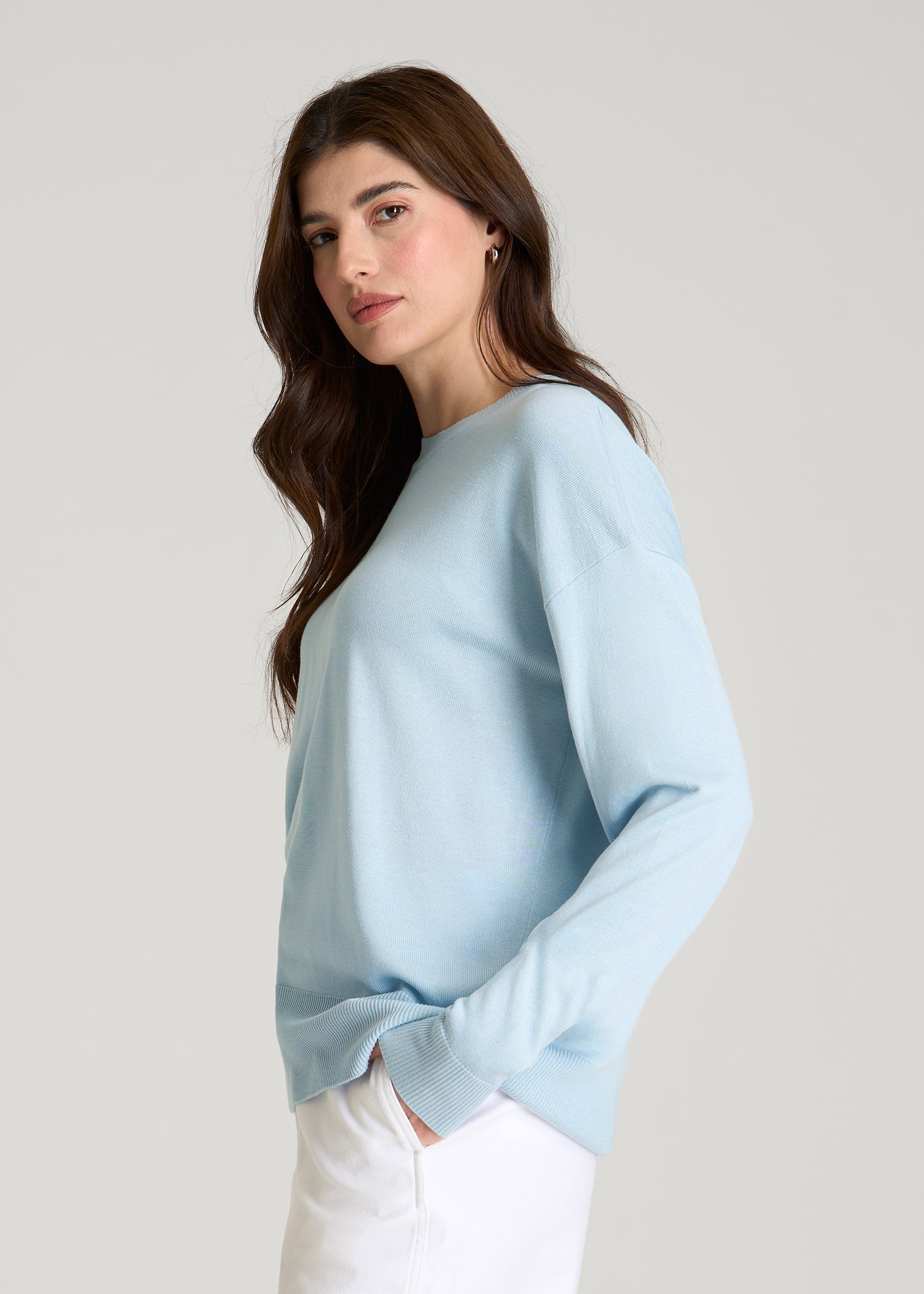 American Tall Discount | Linen Blend Knit Crewneck for Tall Women in Ice Blue