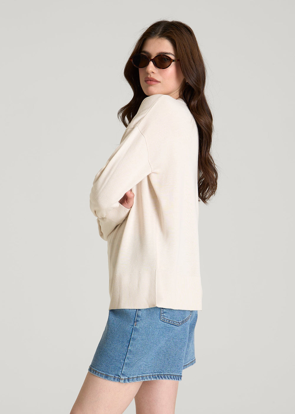 American Tall Sale | Linen Blend Knit Crewneck for Tall Women in White Sand