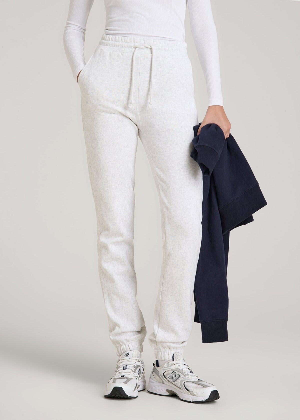 American Tall Discount | Wearever Fleece Slim Fit High-Waisted Garment Dye Sweatpants for Tall Women in Heather Cloud White