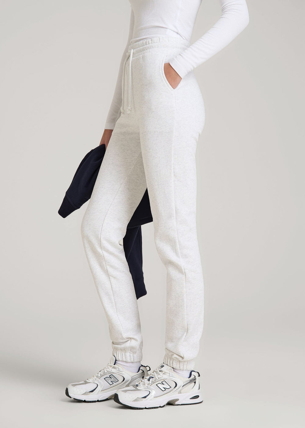 American Tall Discount | Wearever Fleece Slim Fit High-Waisted Garment Dye Sweatpants for Tall Women in Heather Cloud White