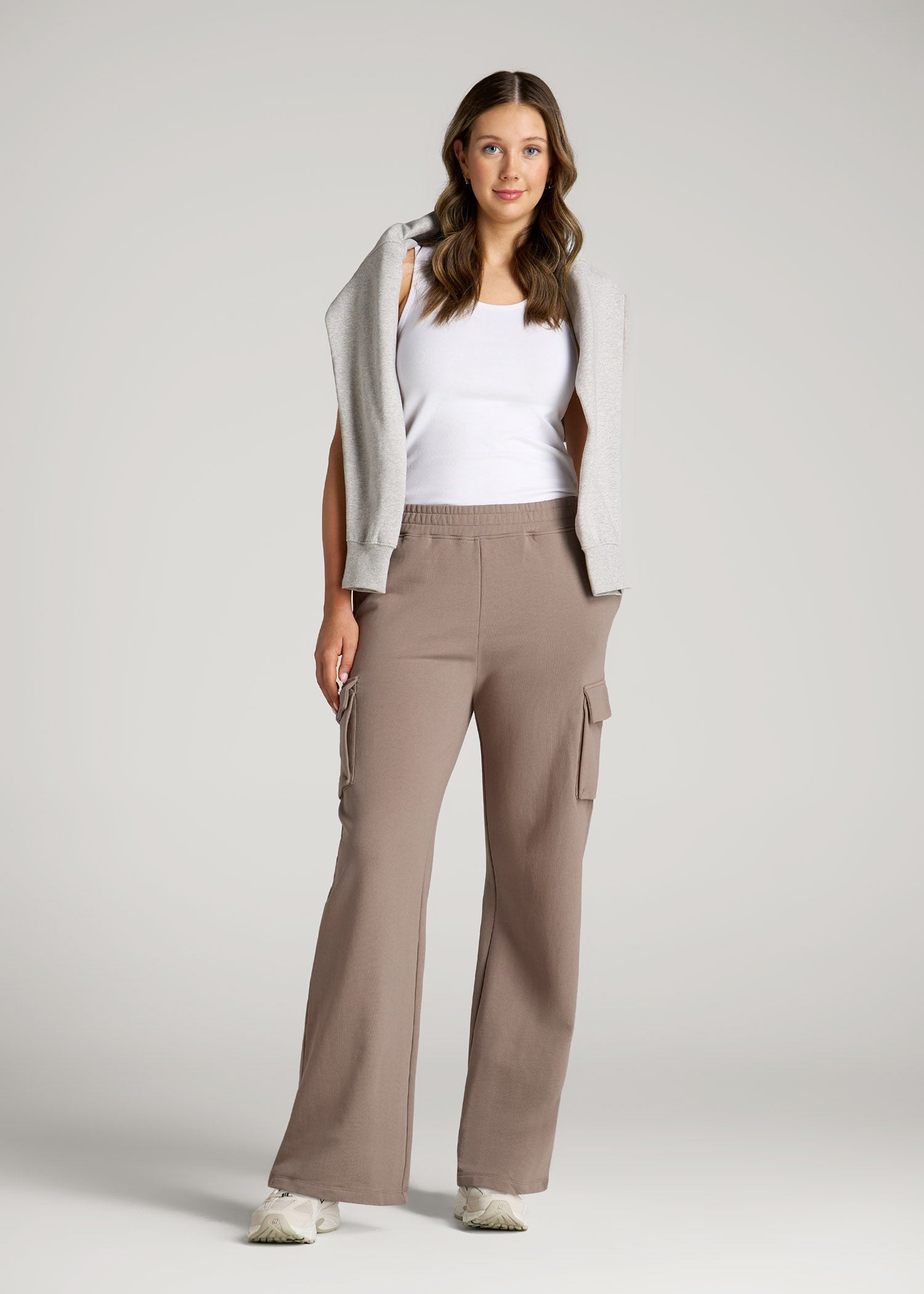 American Tall Sale | French Terry Wide Leg Cargo Sweatpants for Tall Women in Portobello