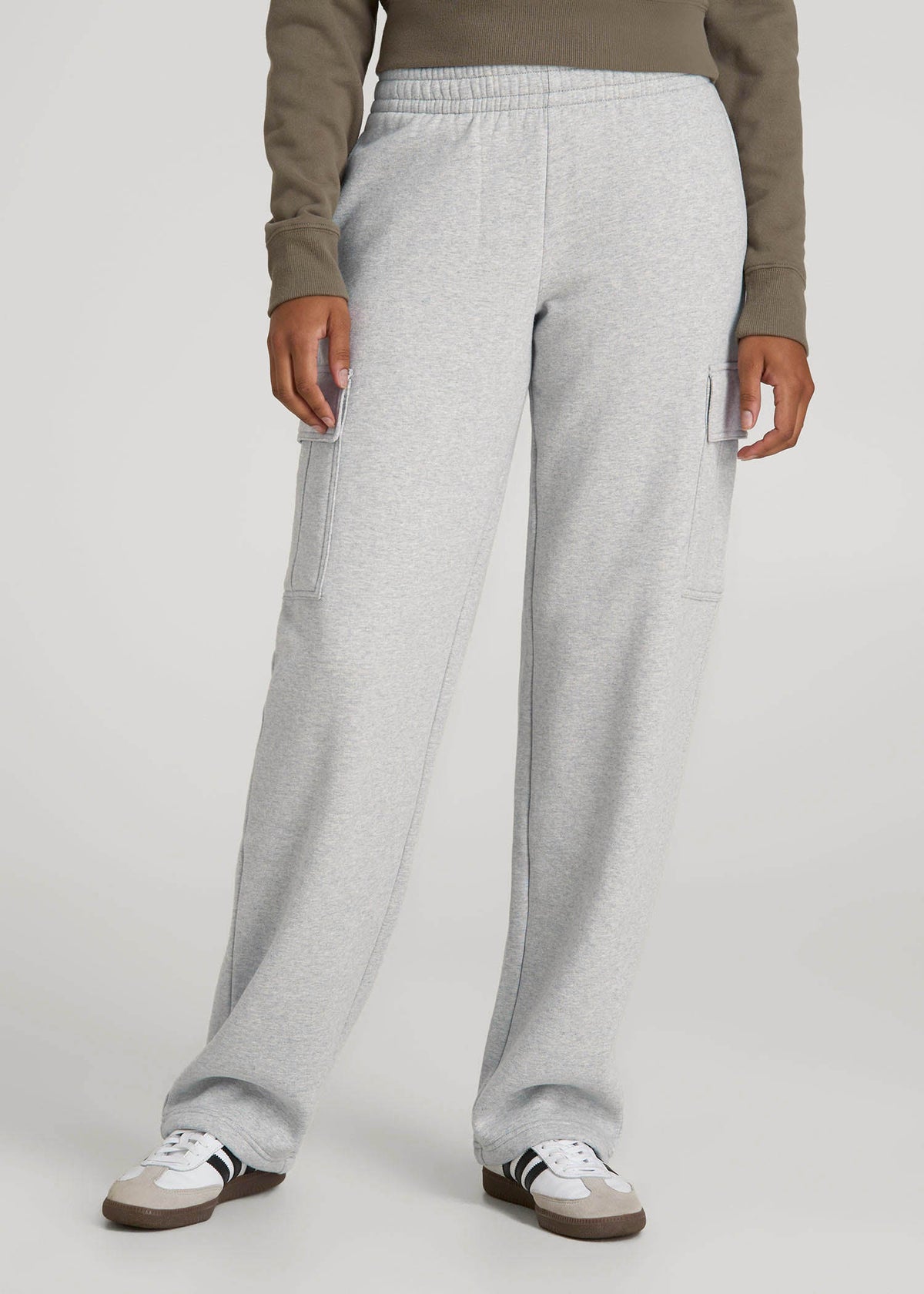 American Tall Discount | Mid Rise Cargo Fleece Sweatpants for Tall Women in Grey Mix