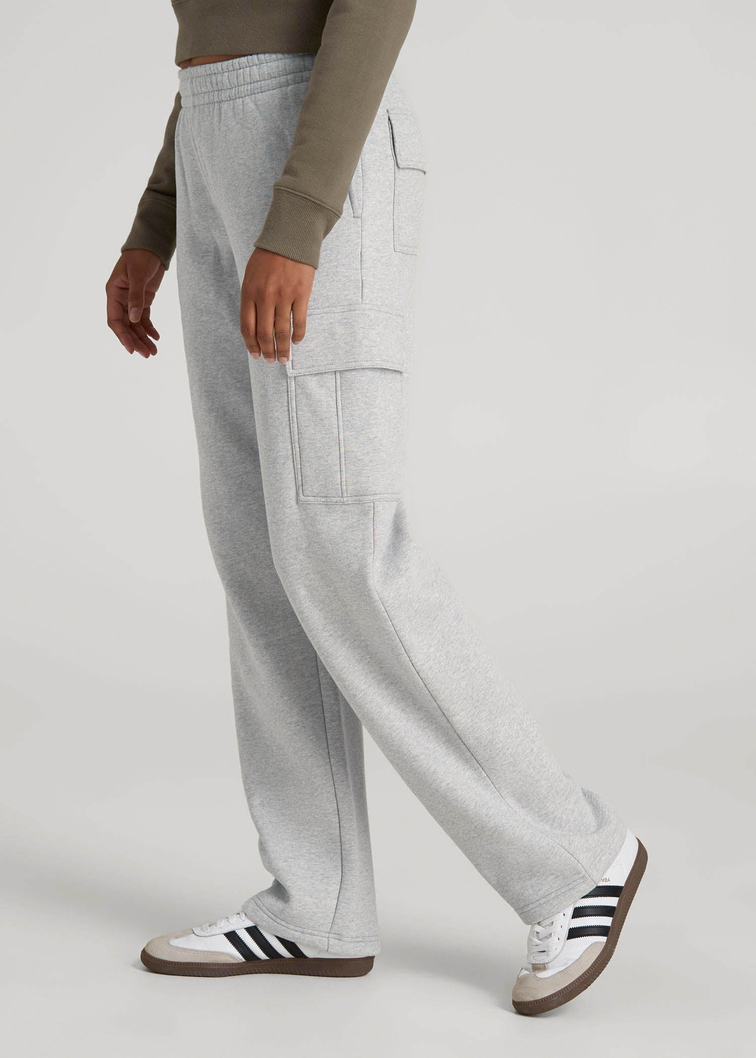 American Tall Discount | Mid Rise Cargo Fleece Sweatpants for Tall Women in Grey Mix