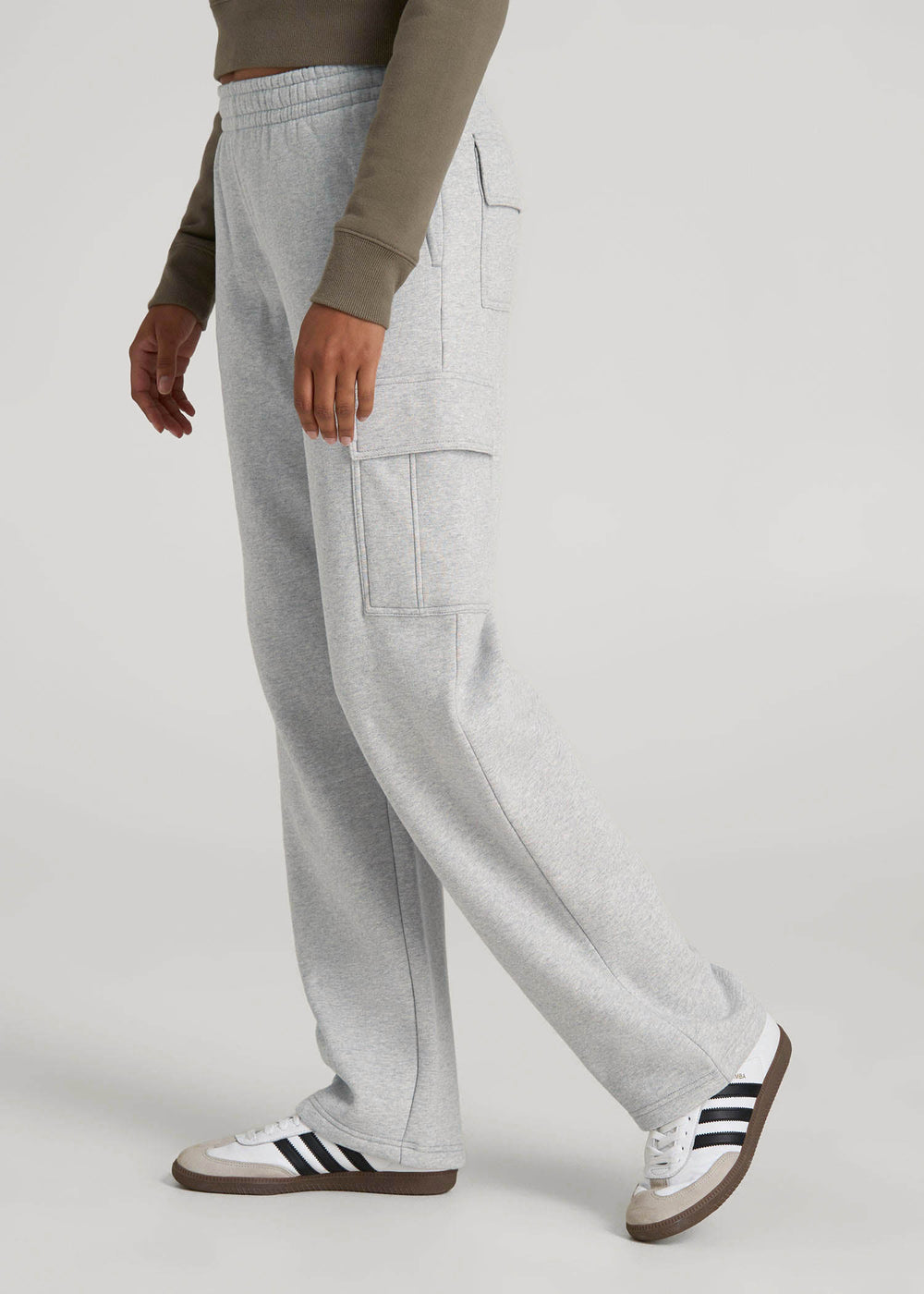 American Tall Discount | Mid Rise Cargo Fleece Sweatpants for Tall Women in Grey Mix