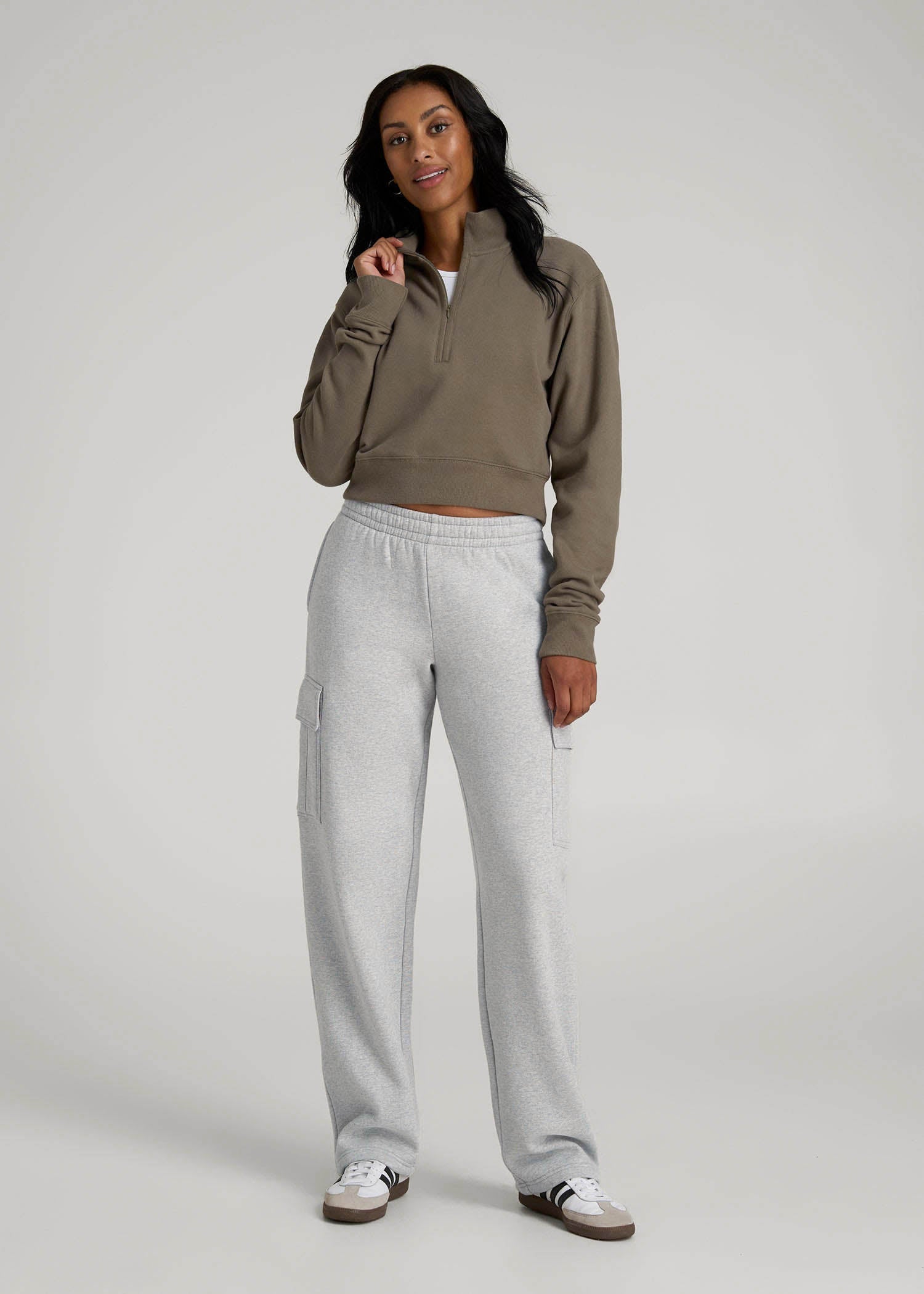 American Tall Discount | Mid Rise Cargo Fleece Sweatpants for Tall Women in Grey Mix