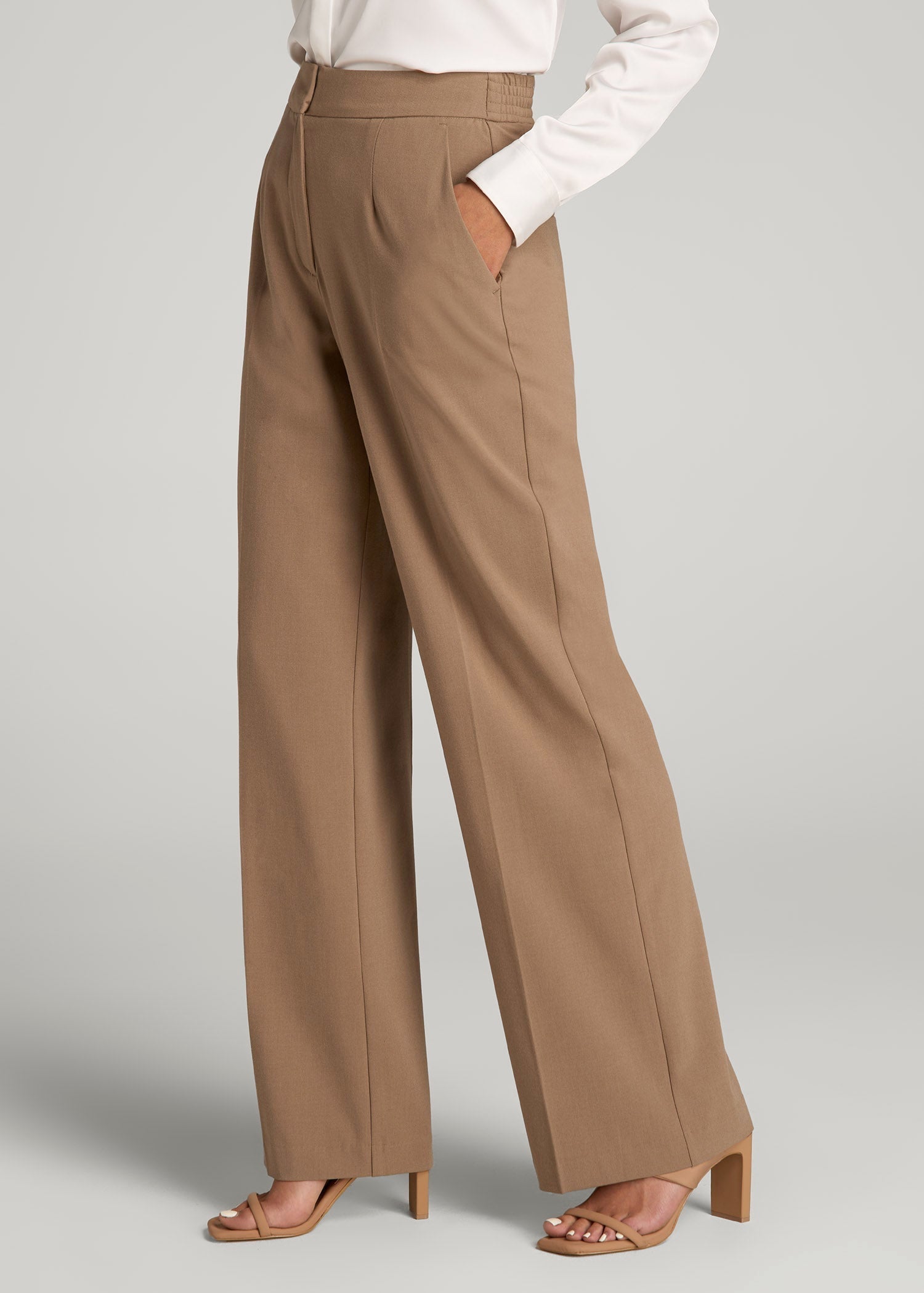 American Tall Online | Flat Front Wide Leg Dress Pants for Tall Women in Fawn