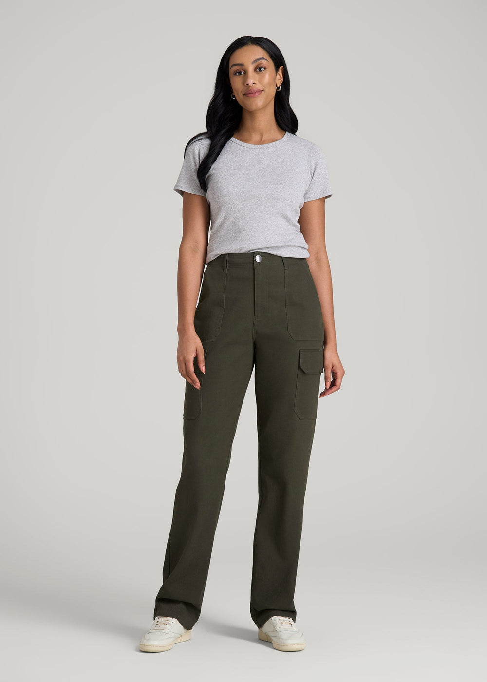 American Tall Online Shop | Straight Leg Cargo Chino Pants for Tall Women in Dark Moss Green