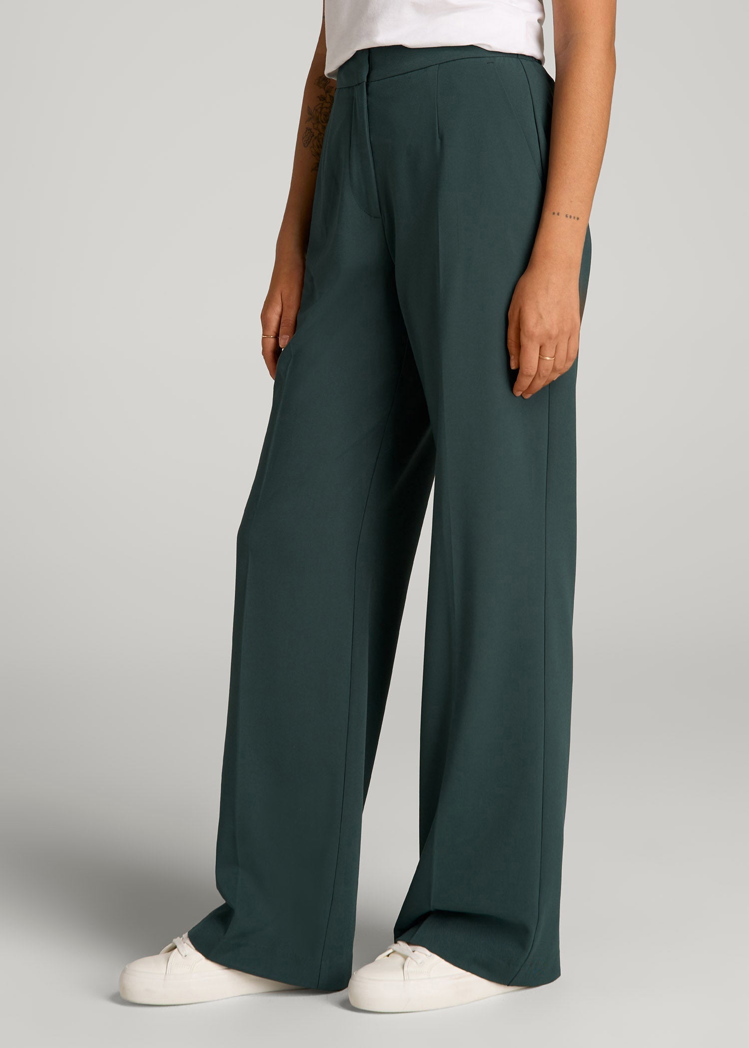 American Tall Outlet | Flat Front Wide Leg Dress Pants for Tall Women in Smoky Pine