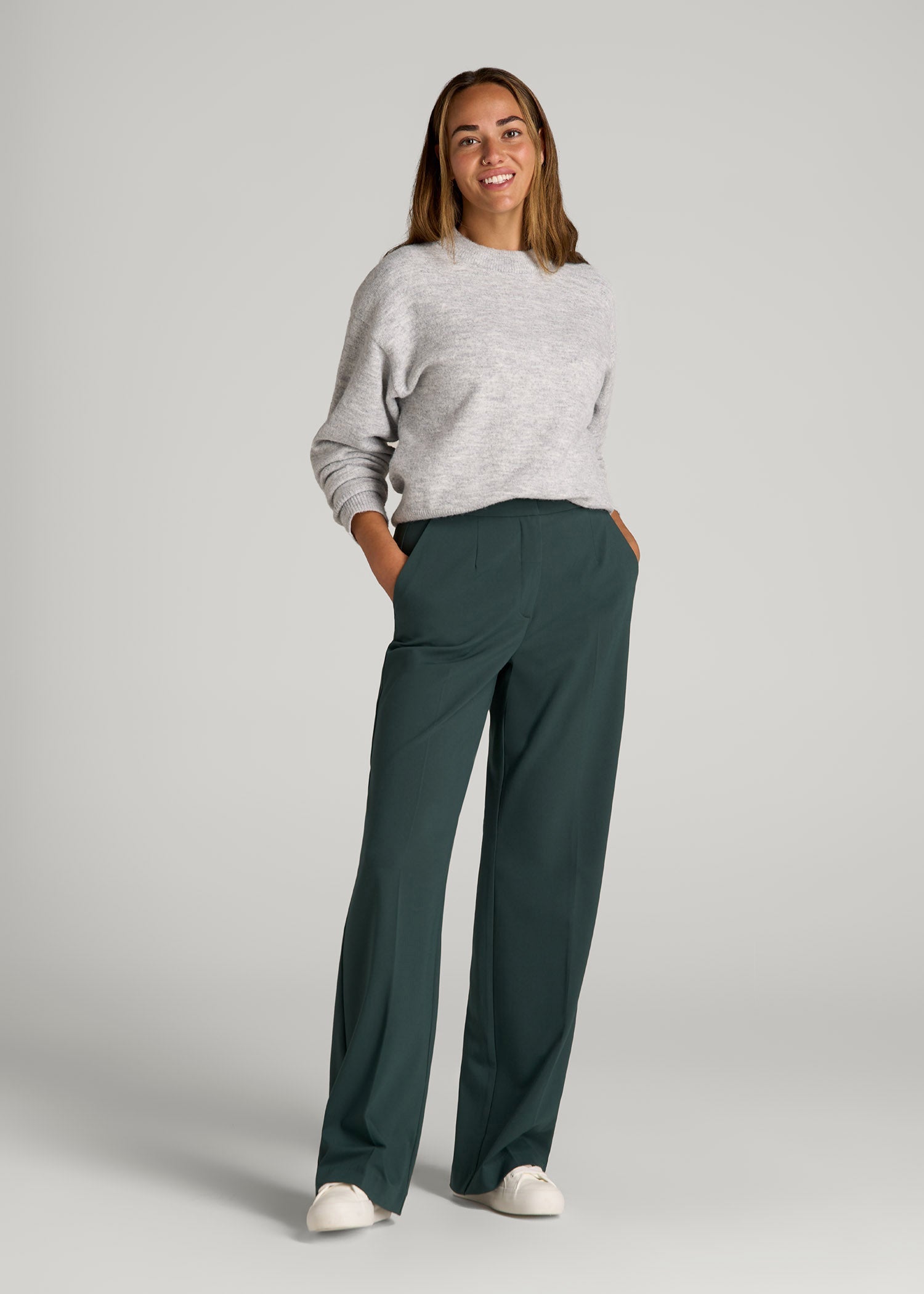 American Tall Outlet | Flat Front Wide Leg Dress Pants for Tall Women in Smoky Pine