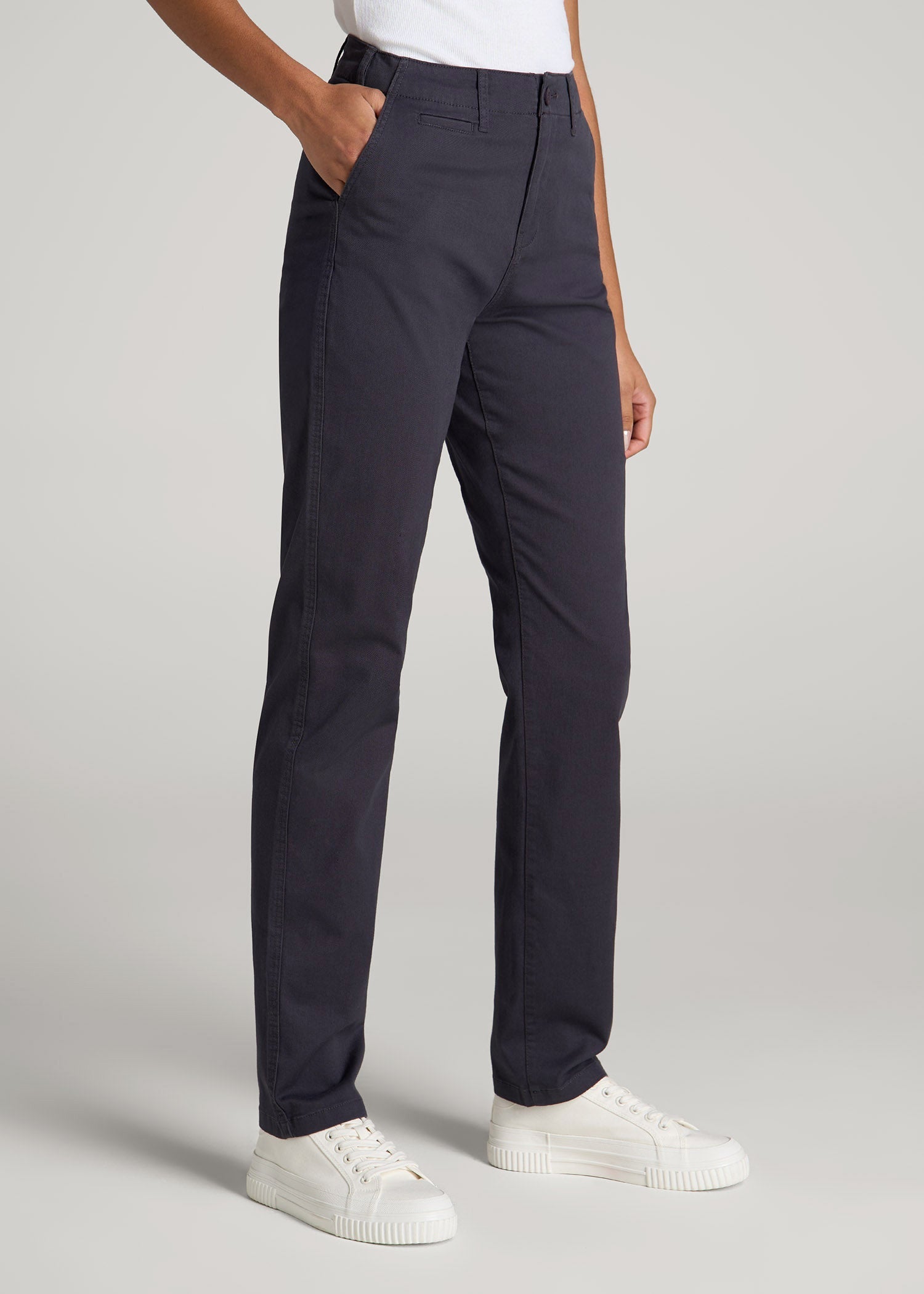 American Tall For Sale | High Rise Tapered Chino Pants for Tall Women in Charcoal Rinse