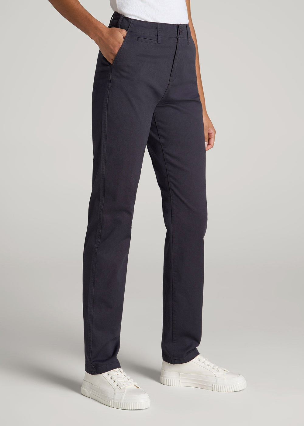 American Tall For Sale | High Rise Tapered Chino Pants for Tall Women in Charcoal Rinse