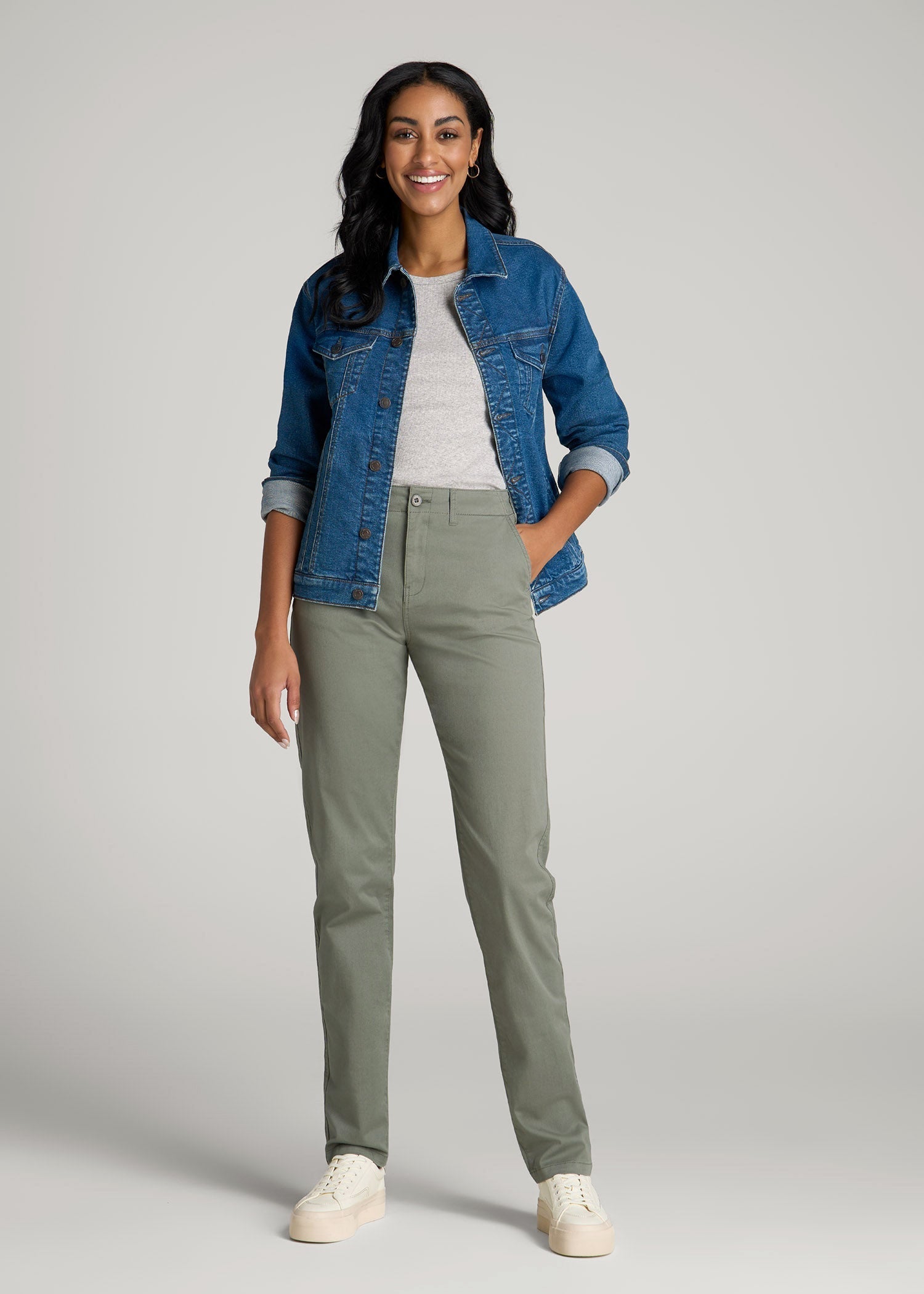 American Tall Discount | High Rise Tapered Chino Pants for Tall Women in Wreath Green