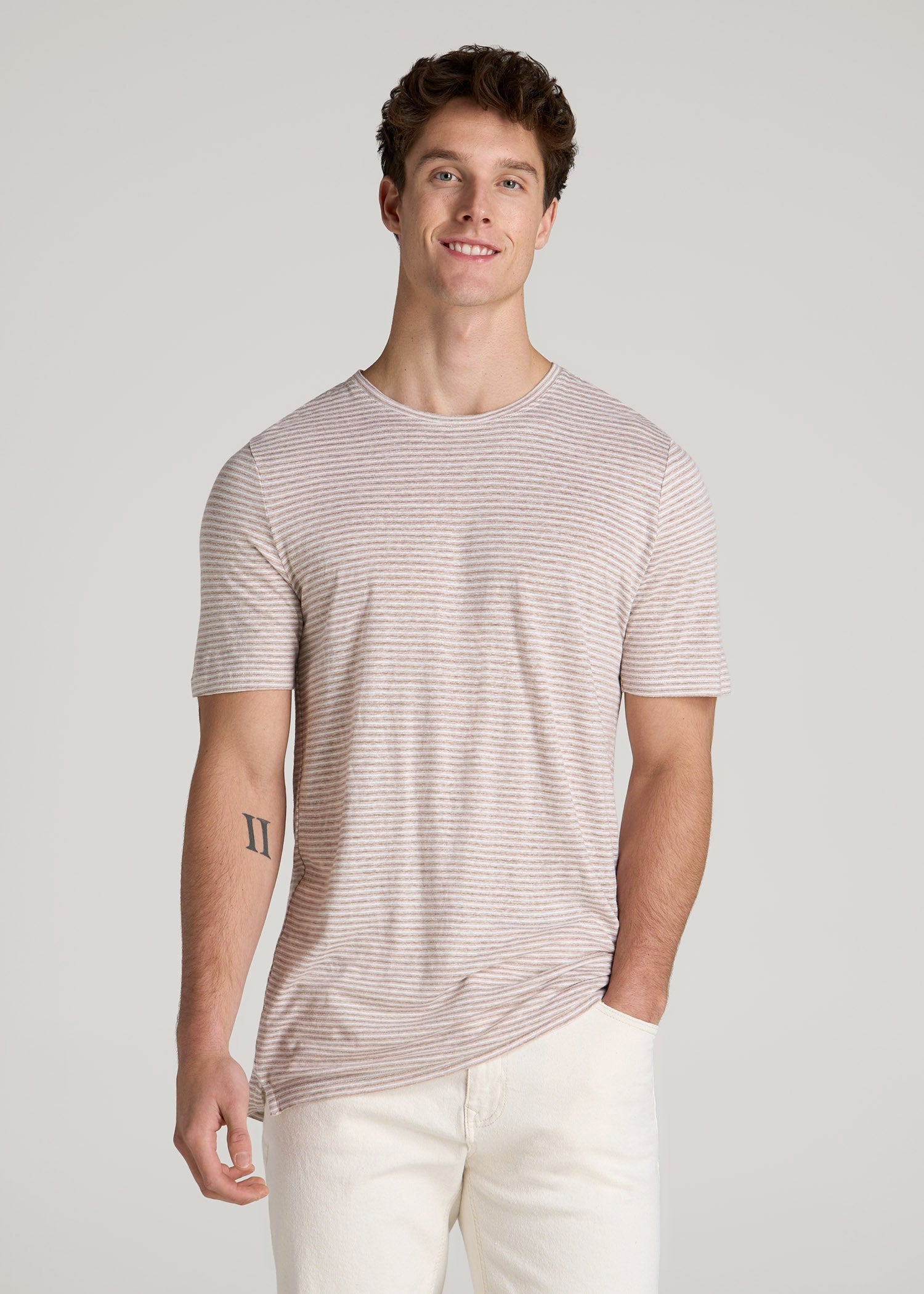American Tall For Sale | Linen Crewneck T-Shirt for Tall Men in Beige and White Stripe
