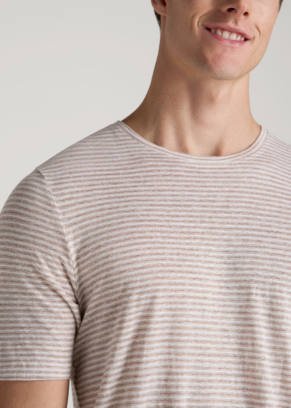 American Tall For Sale | Linen Crewneck T-Shirt for Tall Men in Beige and White Stripe