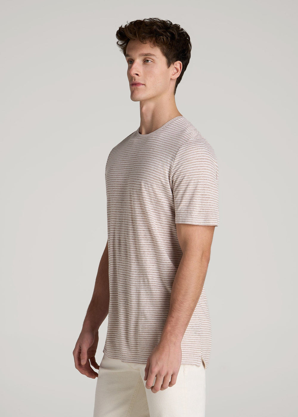 American Tall For Sale | Linen Crewneck T-Shirt for Tall Men in Beige and White Stripe