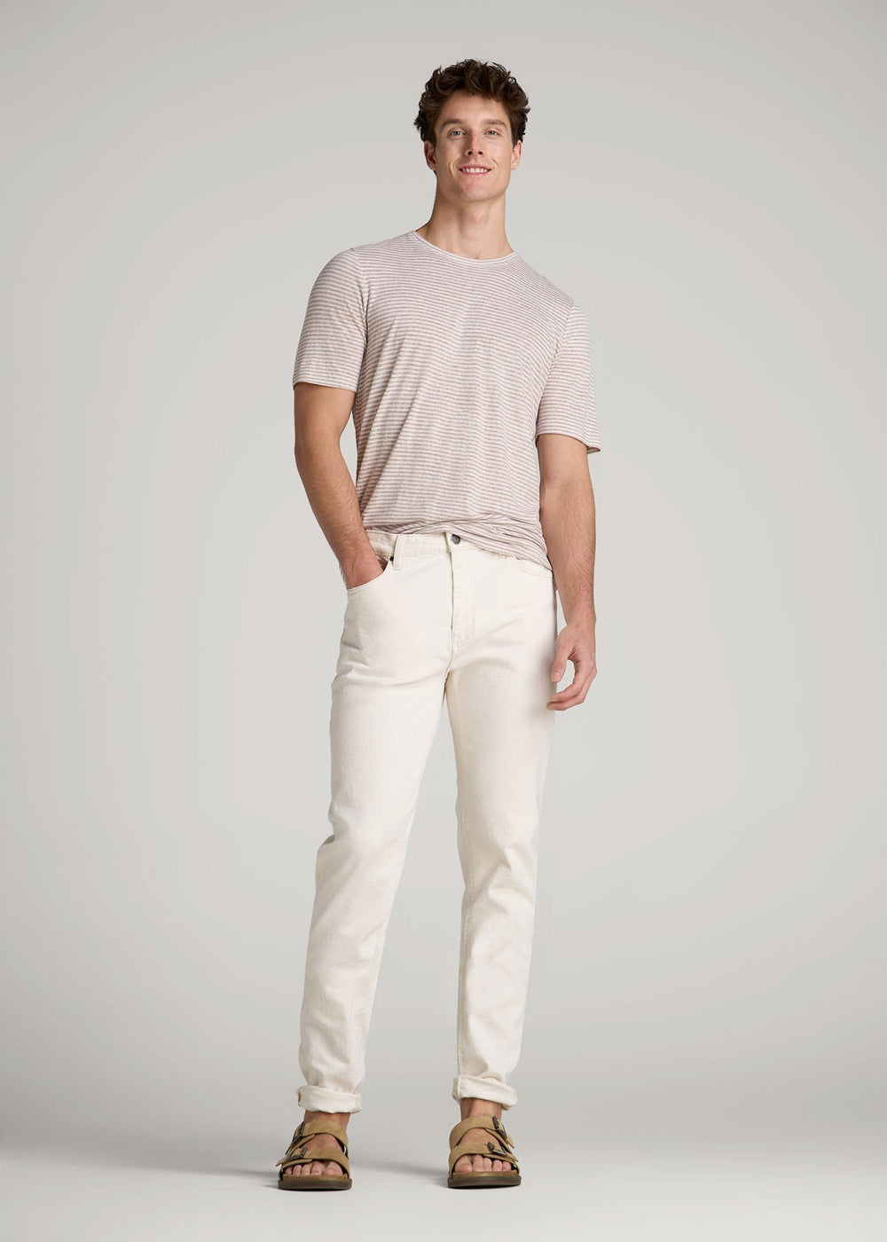 American Tall For Sale | Linen Crewneck T-Shirt for Tall Men in Beige and White Stripe