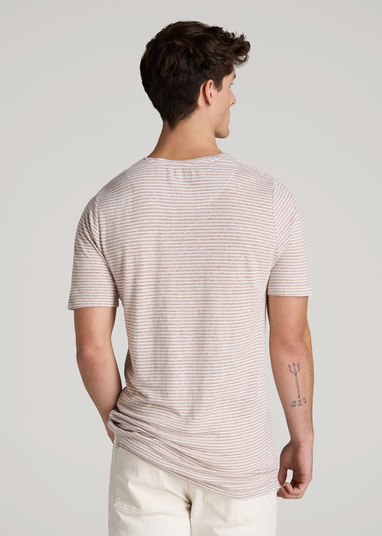 American Tall For Sale | Linen Crewneck T-Shirt for Tall Men in Beige and White Stripe